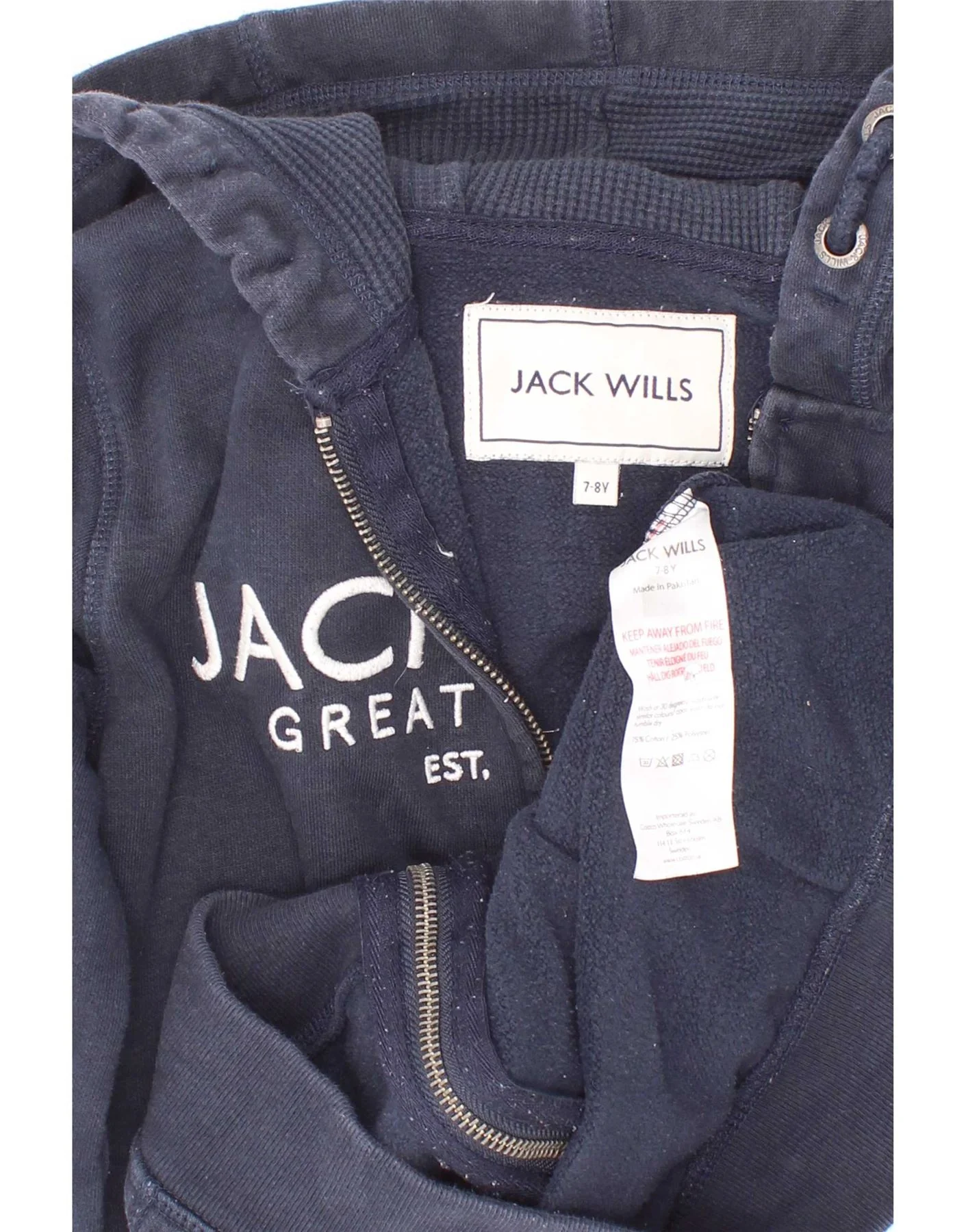 Jack Wills Boys Graphic Zip Hoodie Sweater 7-8 Years Navy Blue Cotton - Image 3