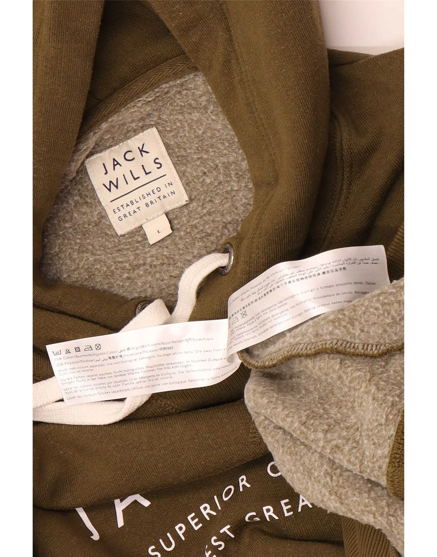 Jack Wills Mens Graphic Hoodie Jumper Large Khaki Cotton - Image 3