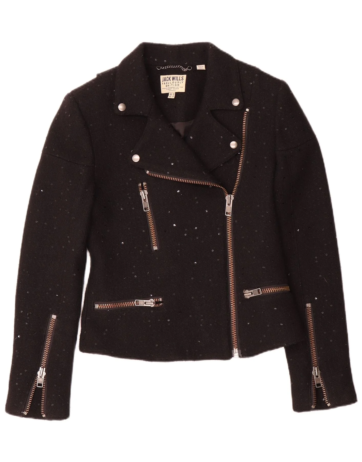 Jack Wills Womens Biker Jacket UK 12 Medium Black Flecked Wool