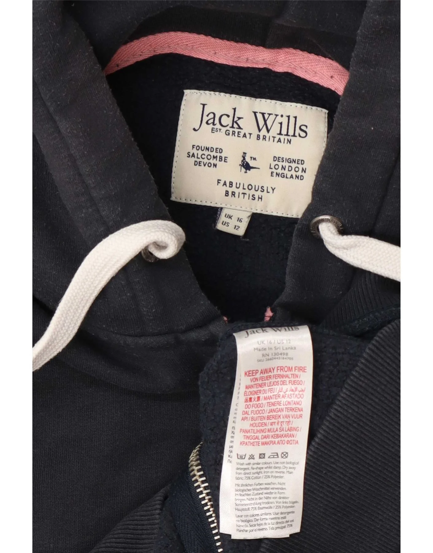 Jack Wills Womens Zip Hoodie Sweater UK 16 Large Navy Blue Cotton - Image 5