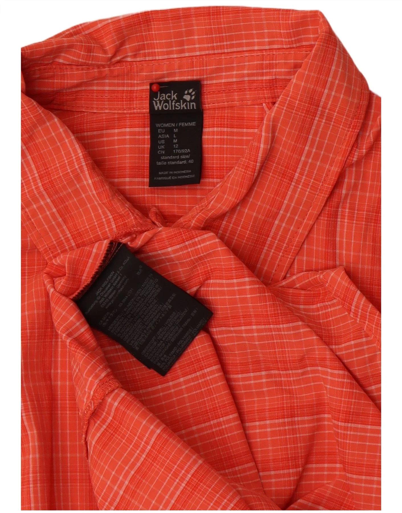 Jack Wolfskin Womens Short Sleeve Shirt UK 12 Medium Orange Check Polyamide - Image 3