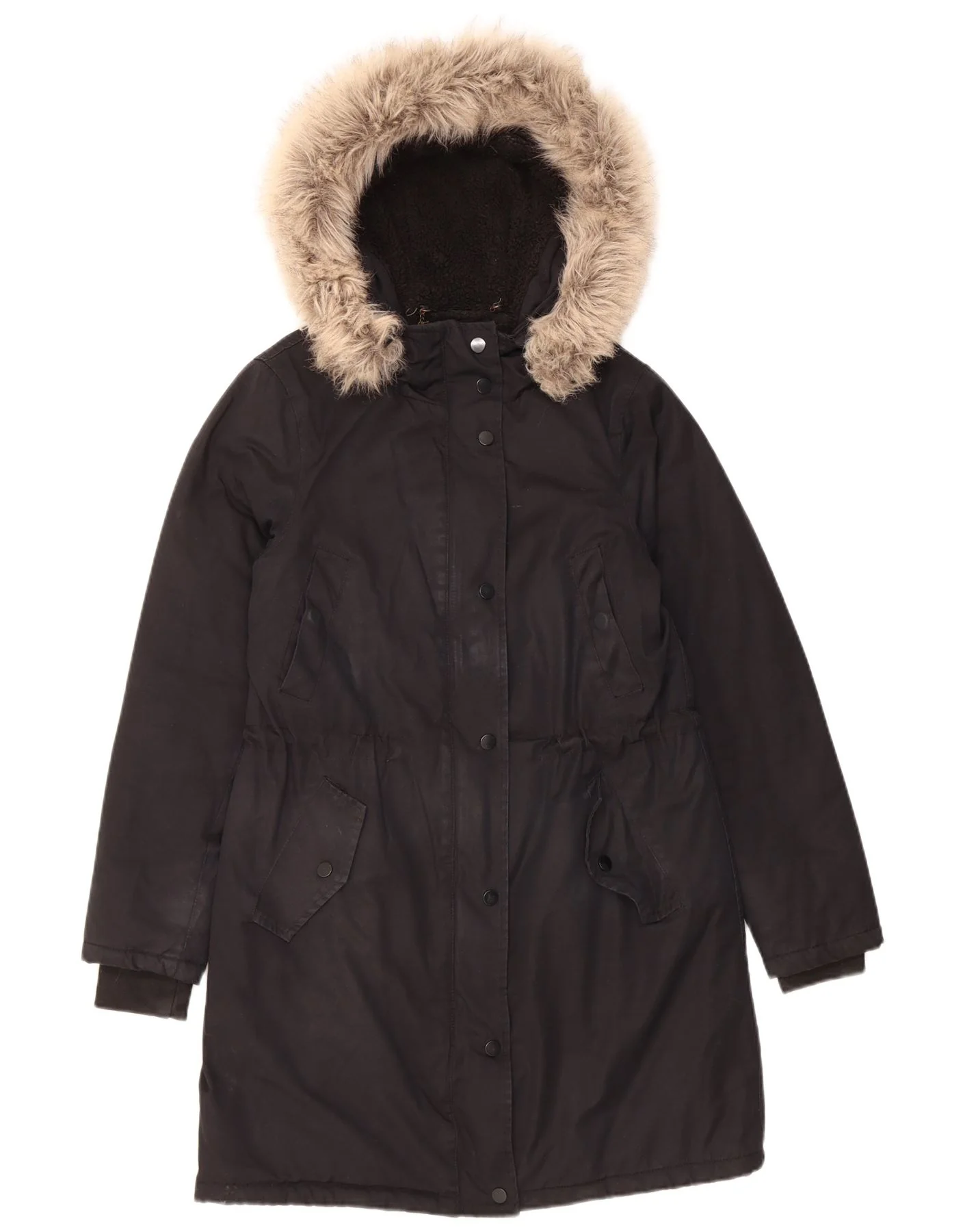 Jigsaw Womens Hooded Sherpa Parka Jacket UK 8 Small Black Cotton