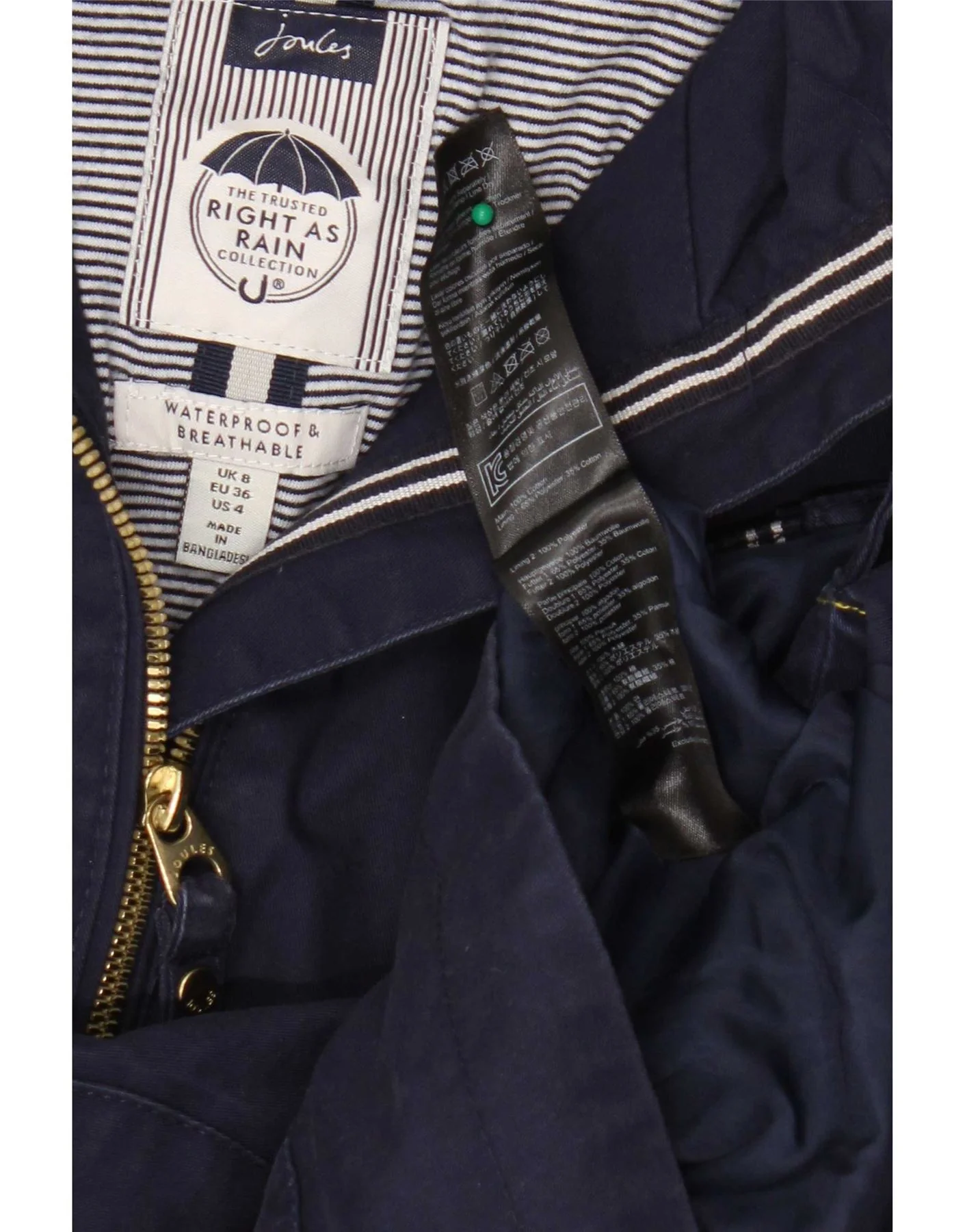 Joules Womens Hooded Rain Jacket UK 8 Small Navy Blue Cotton - Image 3