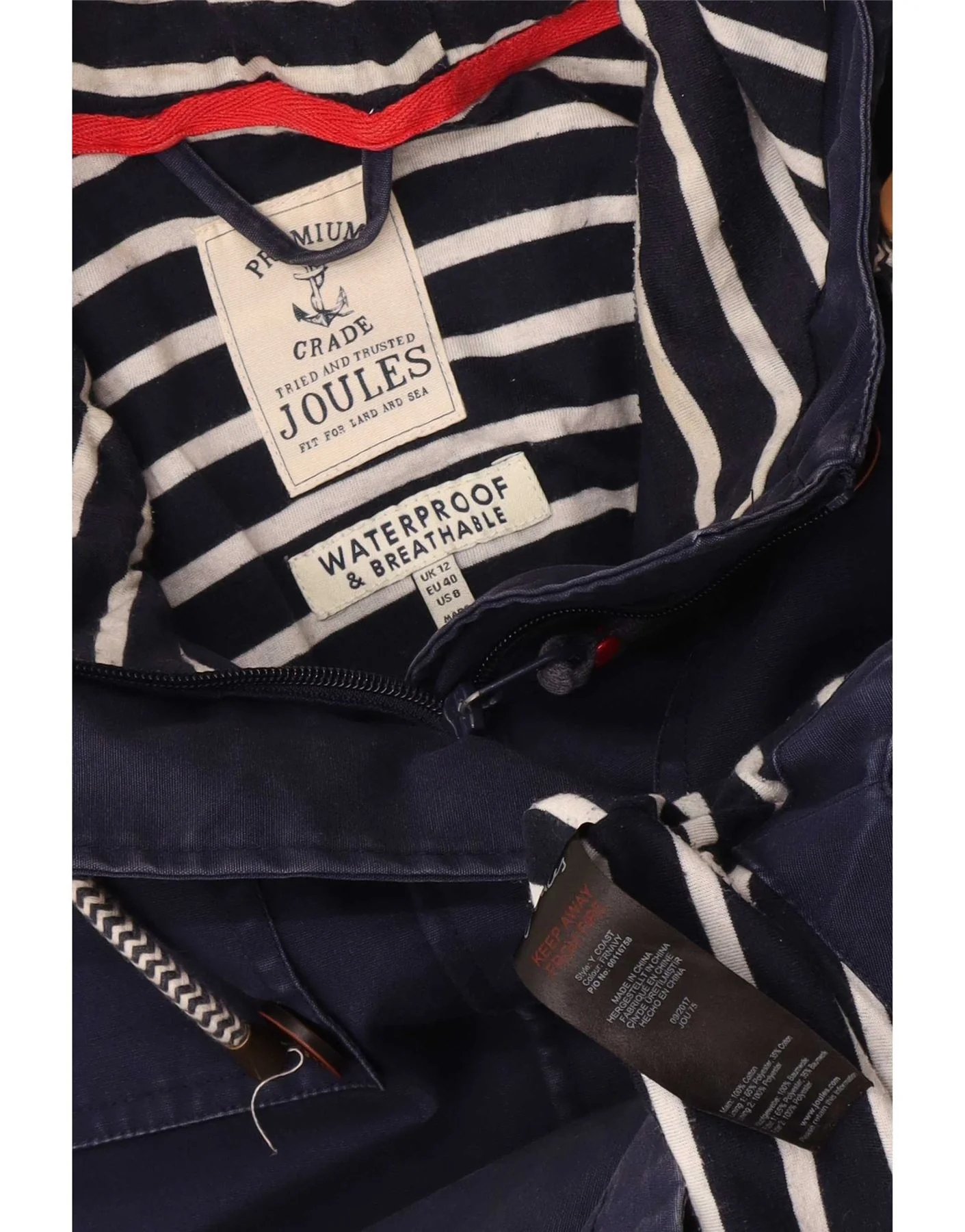 Joules Womens Hooded Raincoat UK 12 Medium Navy Blue Cotton - Image 3
