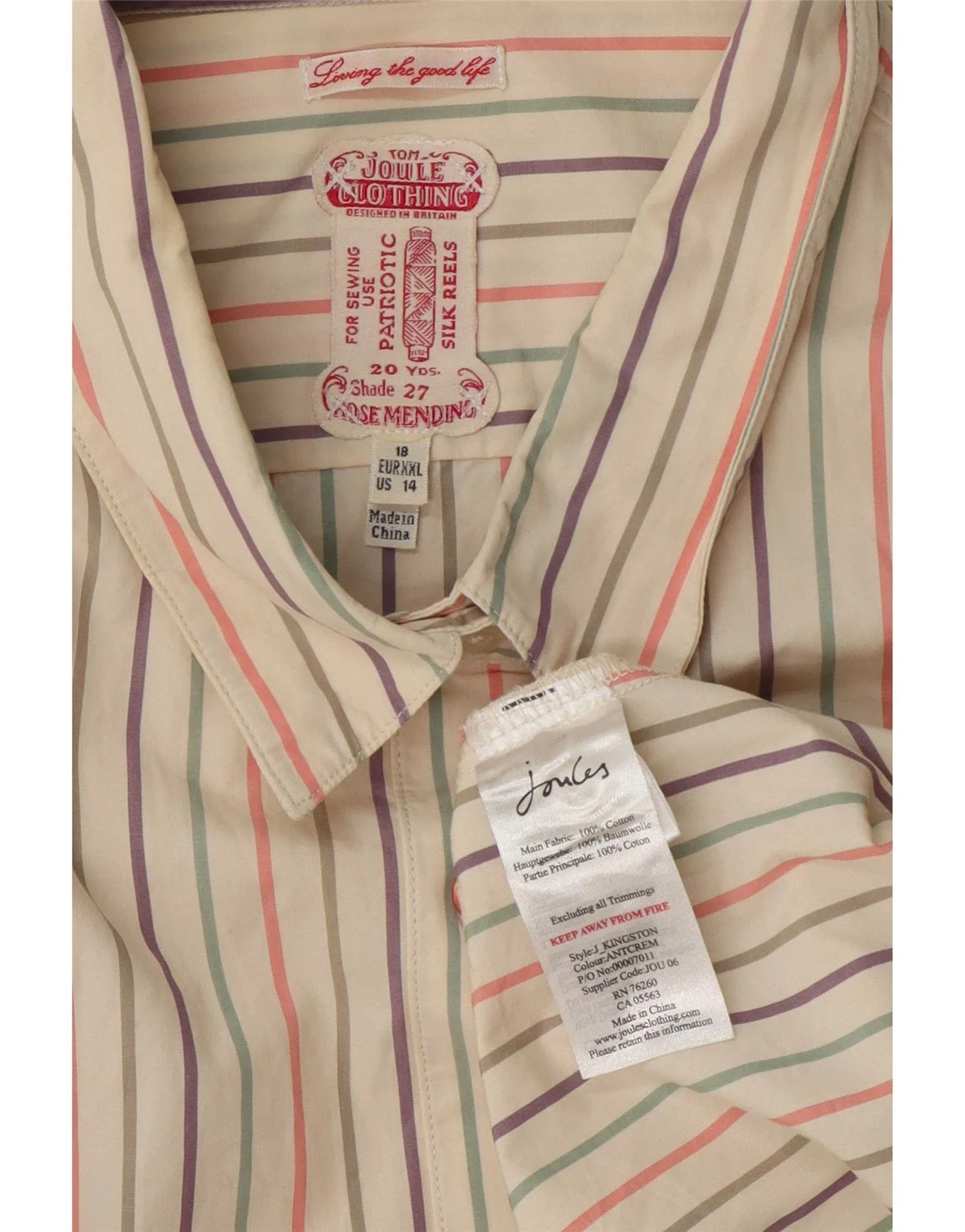 Joules Womens Shirt UK 18 XL Beige Striped Cotton - Image 3