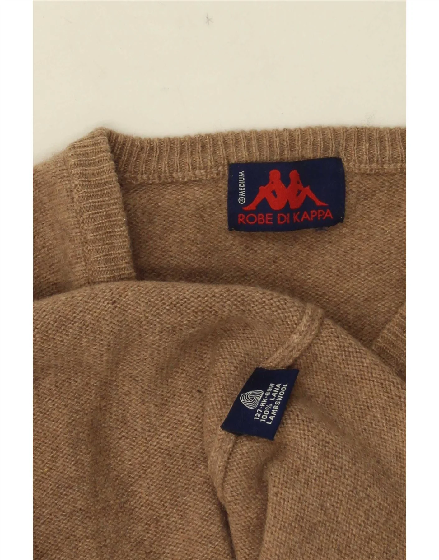 Kappa Mens V-Neck Jumper Sweater Medium Beige Lambswool - Image 3