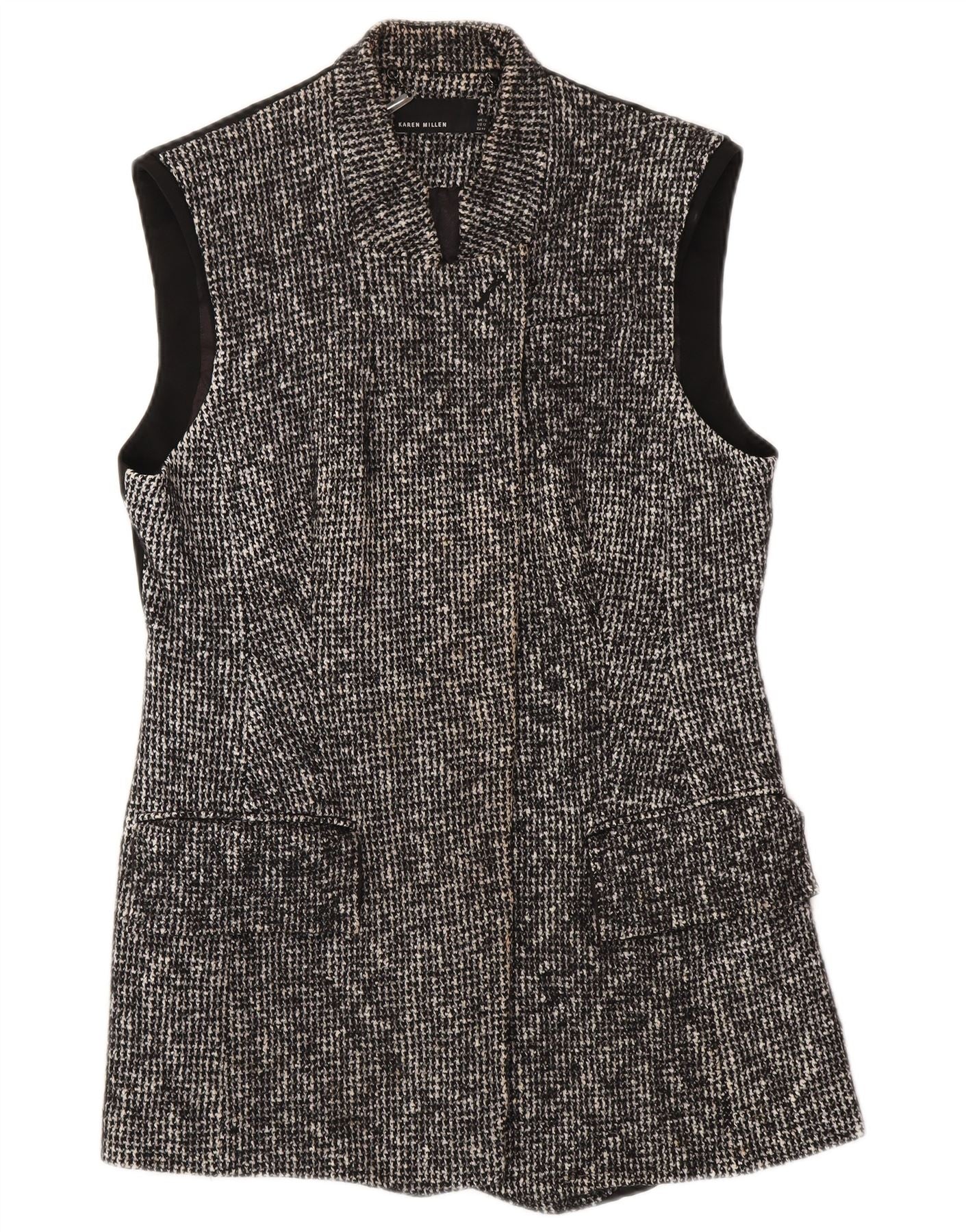 Karen Millen Womens Longline Waistcoat UK 16 Large Black Houndstooth Wool