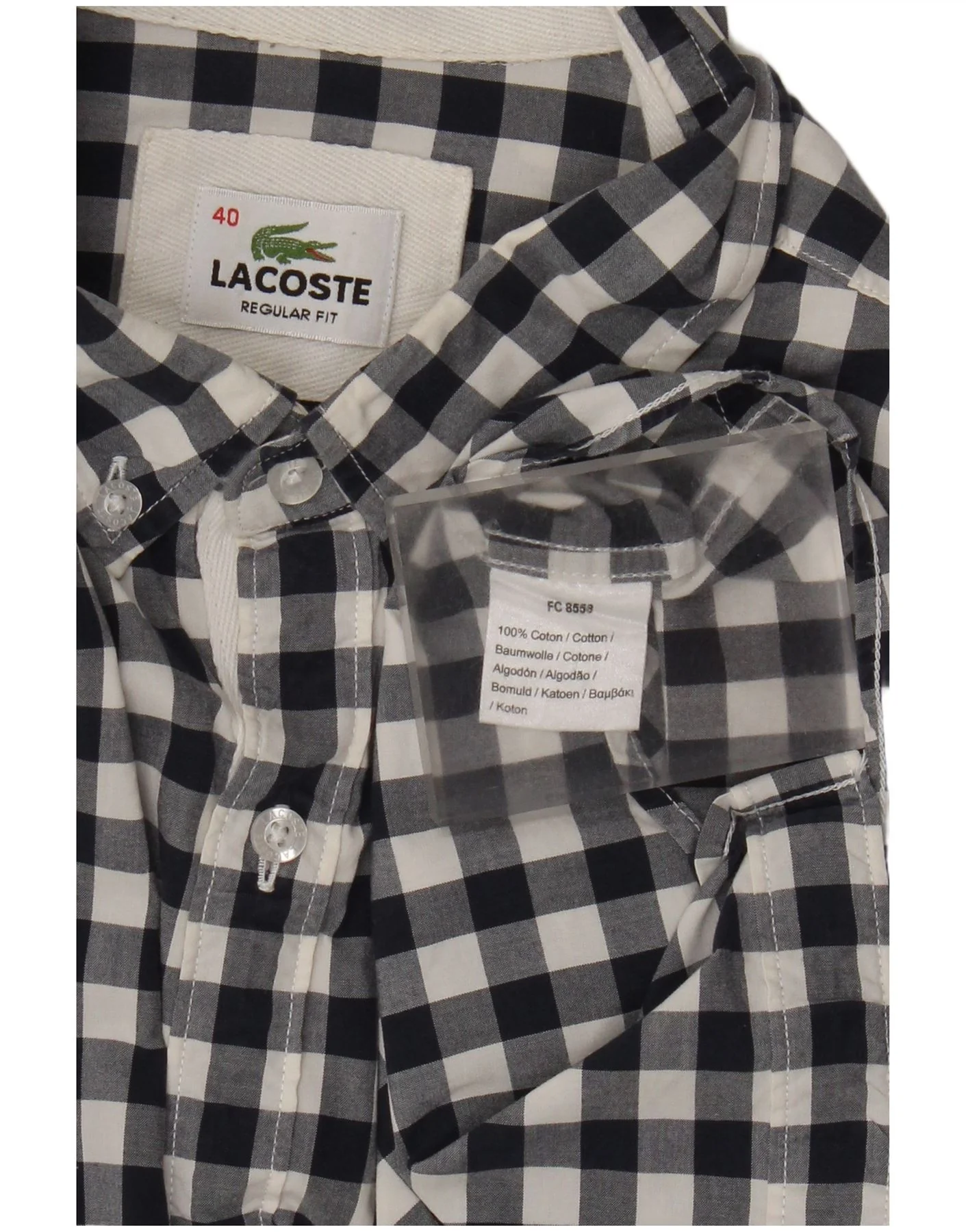 Lacoste Mens Regular Fit Shirt Size 40 Medium Navy Blue Gingham Cotton - Image 3
