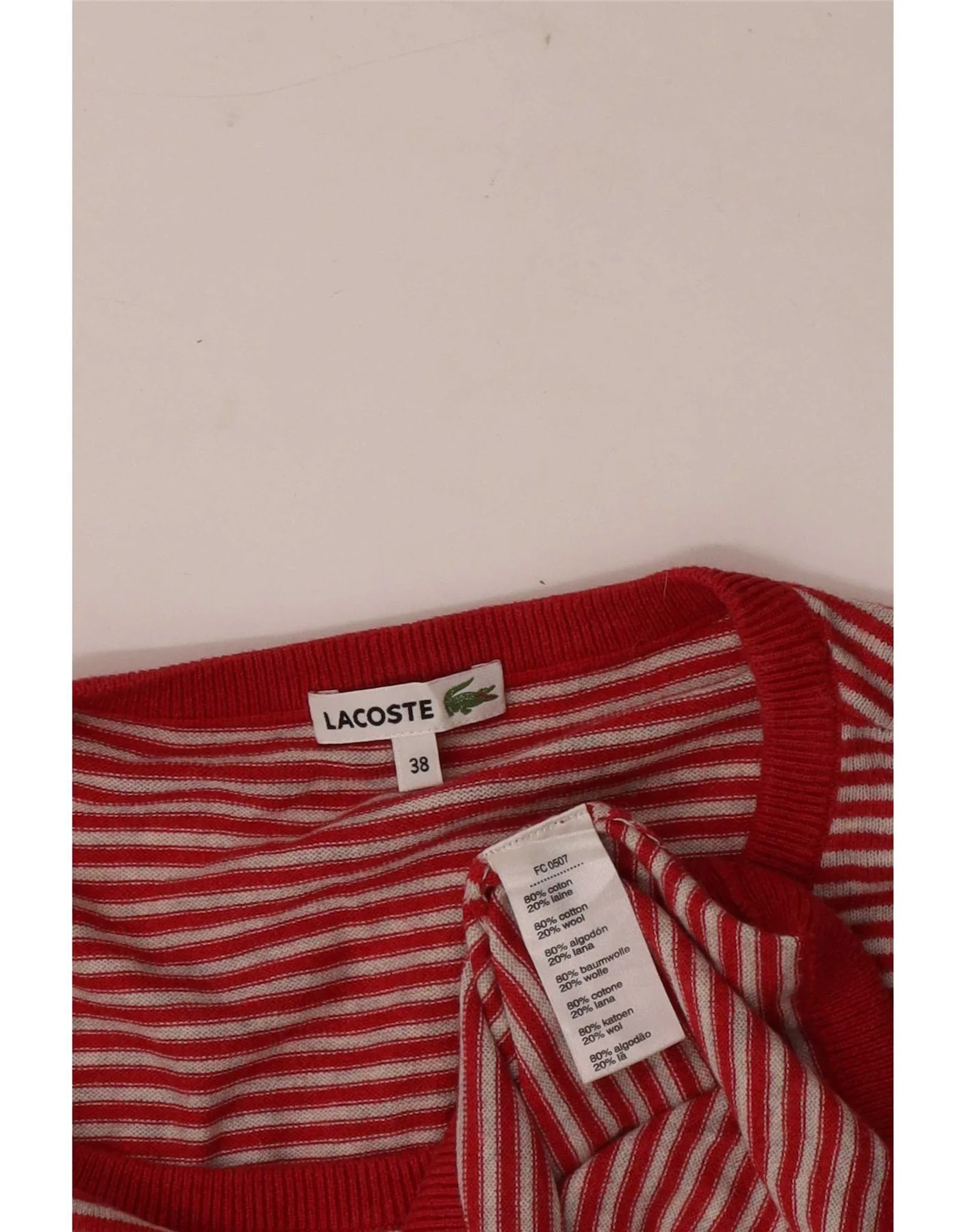 Lacoste Womens Crew Neck Jumper Sweater Size 38 Medium Red Striped - Image 3