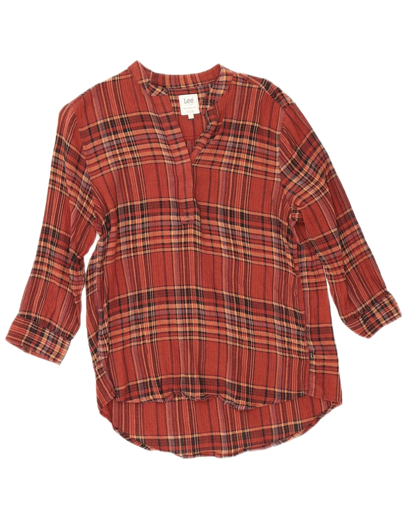 Lee Womens 3/4 Sleeve Relaxed Fit Blouse Top UK 10 Small Maroon Plaid
