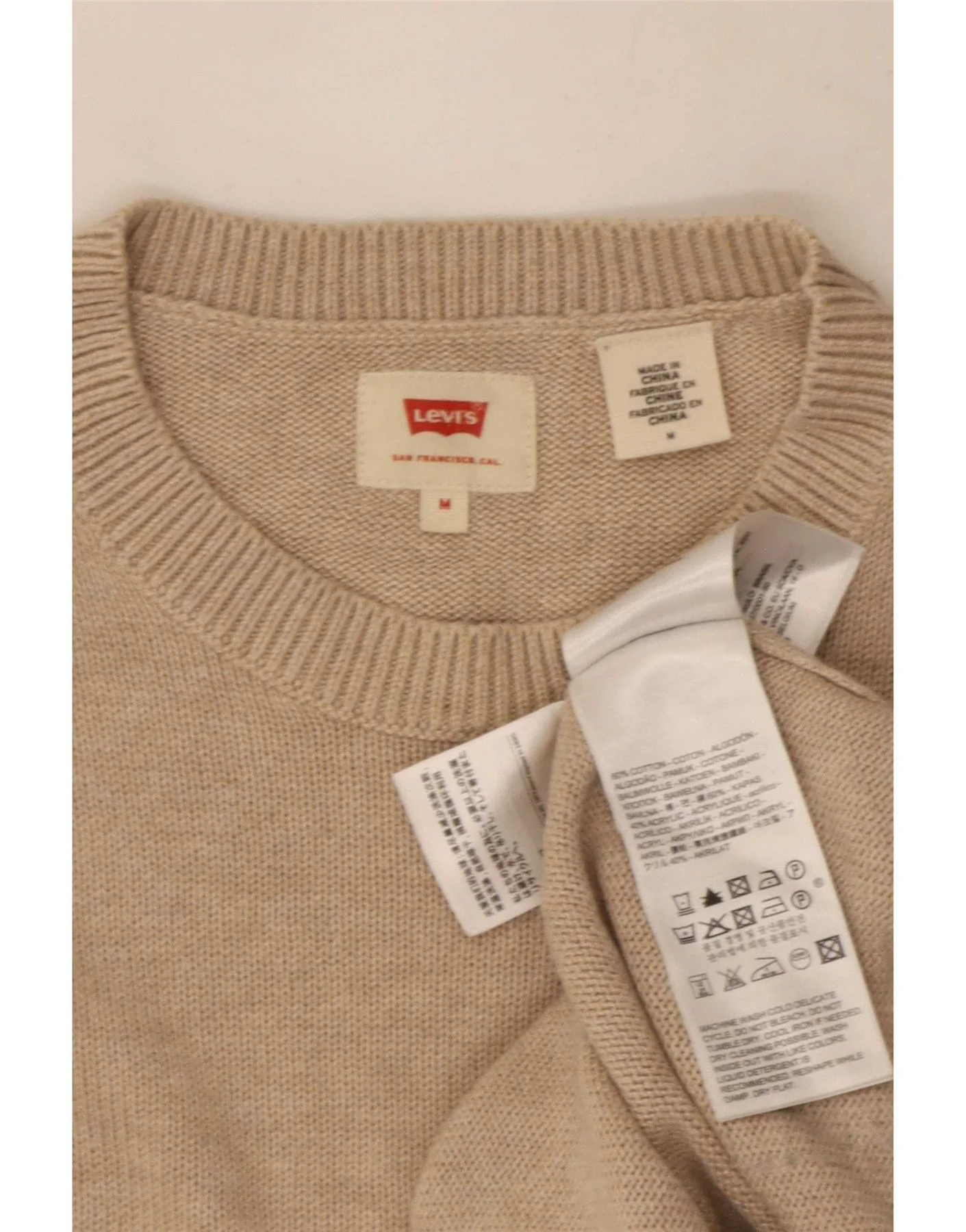 Levi's Mens Crew Neck Jumper Sweater Medium Beige Cotton - Image 3