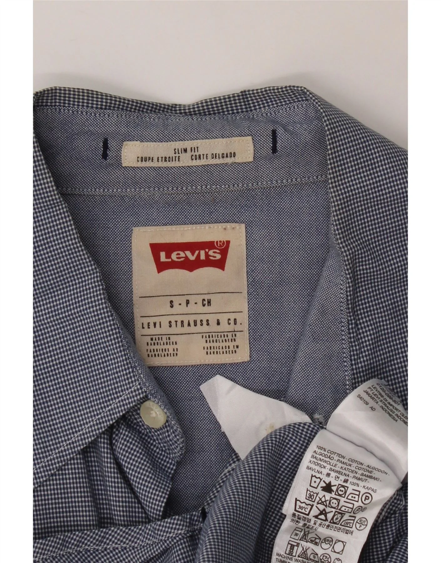 Levi's Mens Slim Fit Shirt Small Navy Blue Gingham Cotton - Image 3
