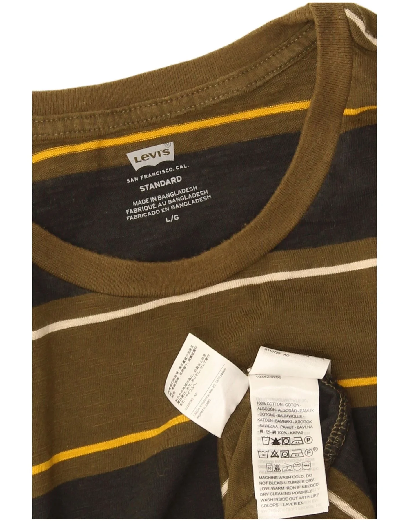 Levi's Mens Standard Fit T-Shirt Top Large Khaki Striped Cotton - Image 3