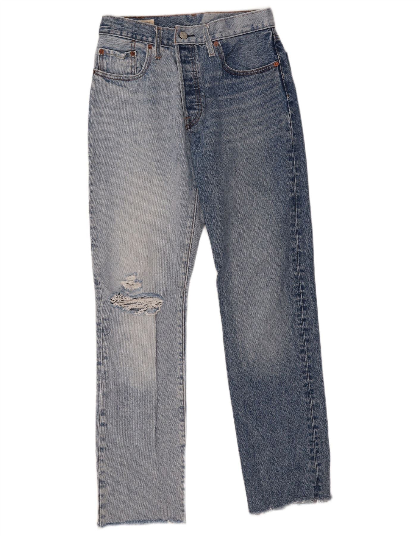 Levi's Womens 501 Distressed Straight Jeans W27 L30 Blue Colourblock Cotton