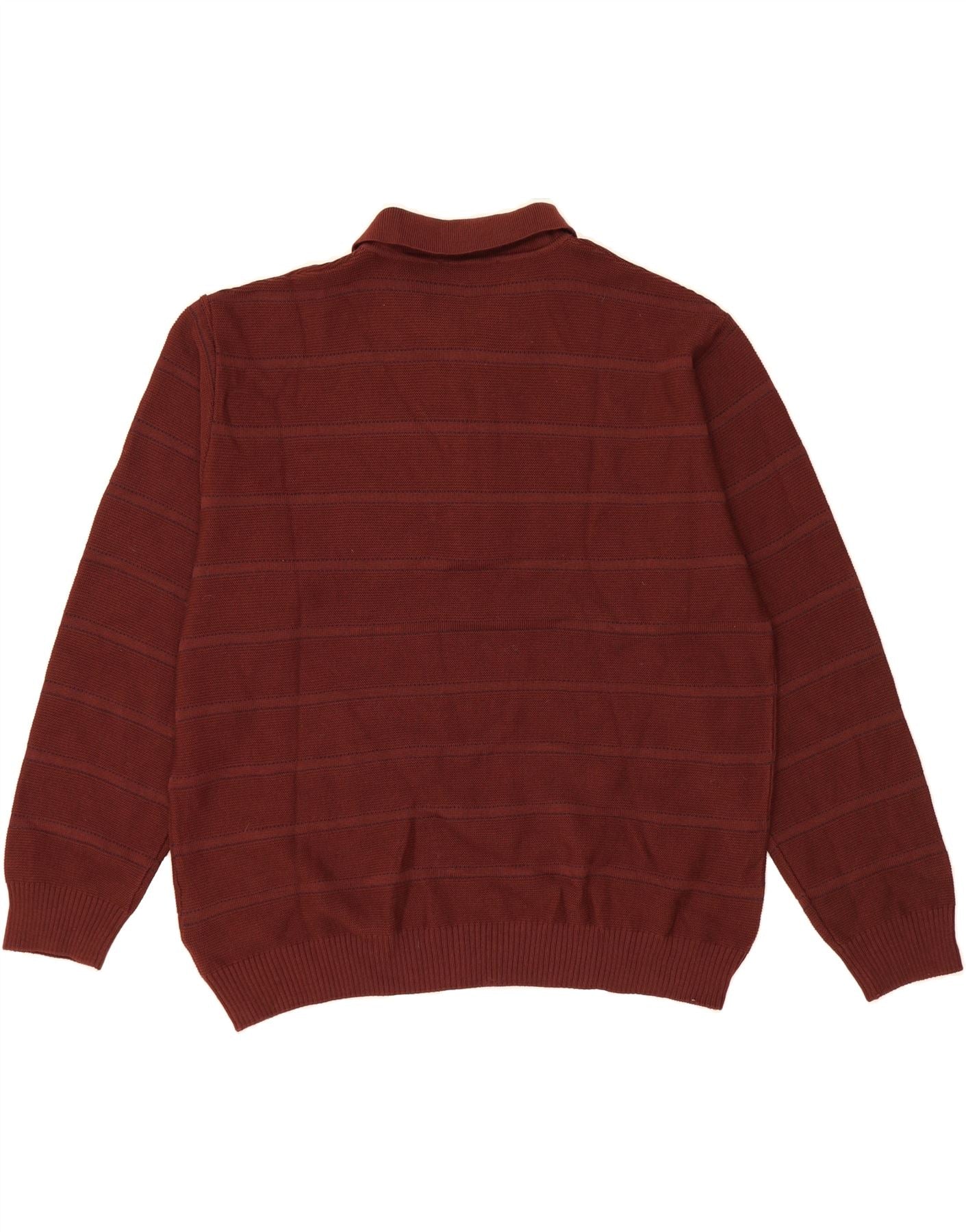 LIFE LINE Mens Polo Neck Jumper Sweater Large Brown Striped Merino Wool - Image 2