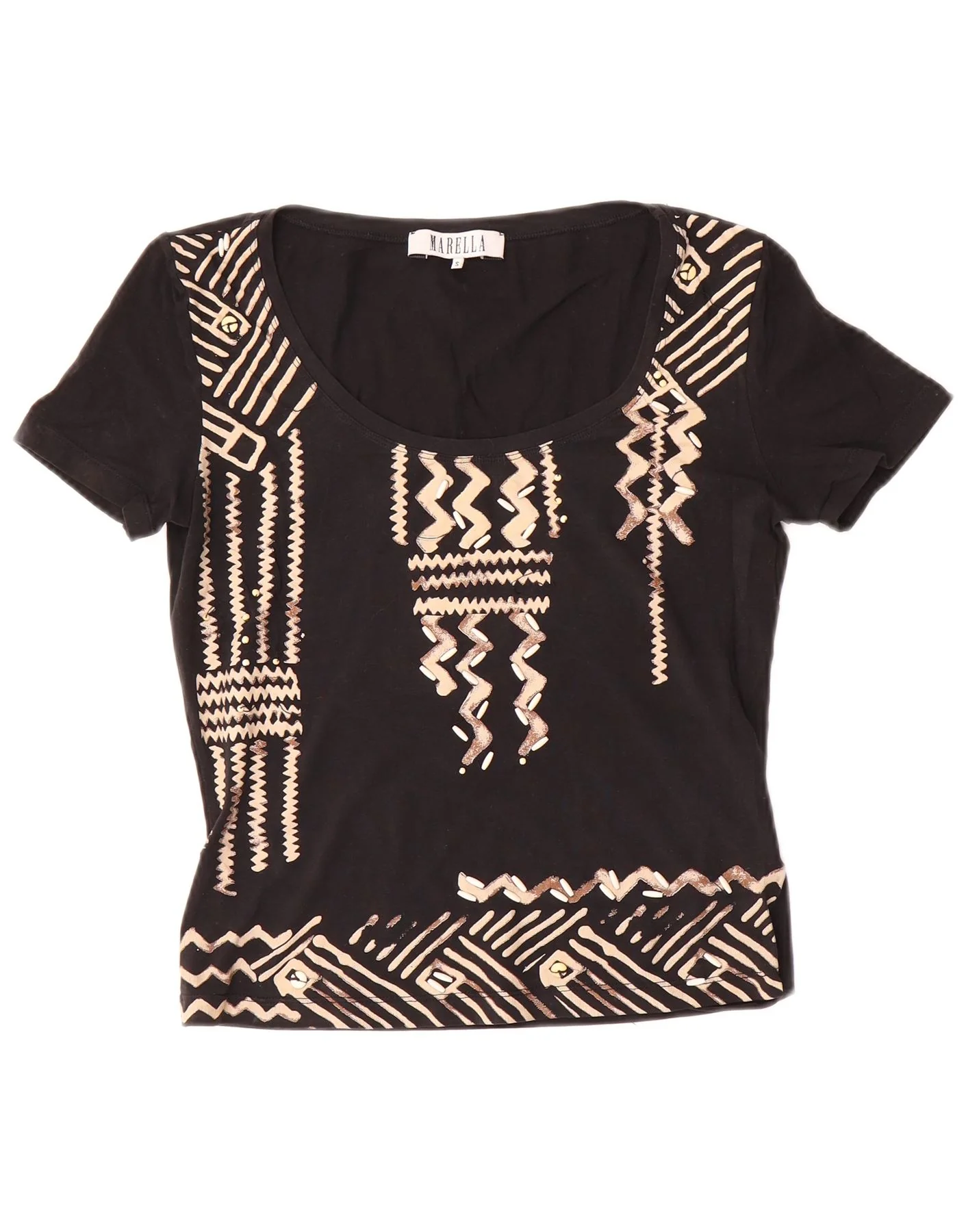 Marella Womens Graphic T-Shirt Top UK 10 Small Black Geometric Cotton