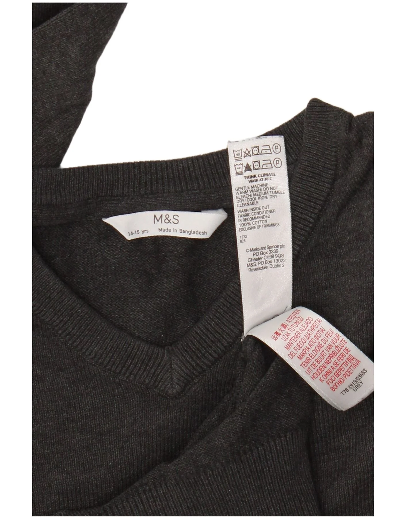 Marks & Spencer Boys V-Neck Jumper Sweater 14-15 Years Grey Cotton - Image 4