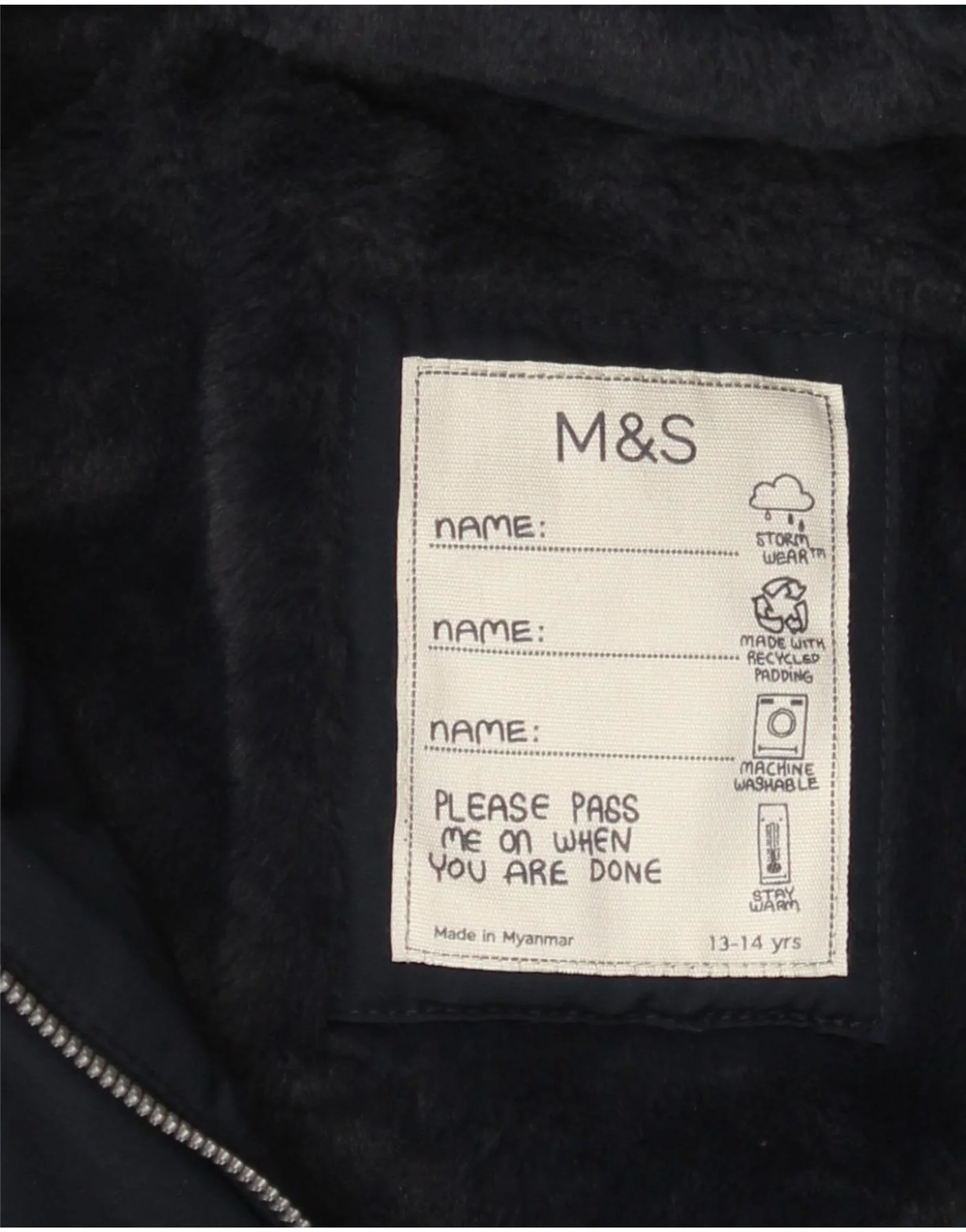 Marks & Spencer Girls Hooded Parka Jacket 13-14 Years Navy Blue - Image 3