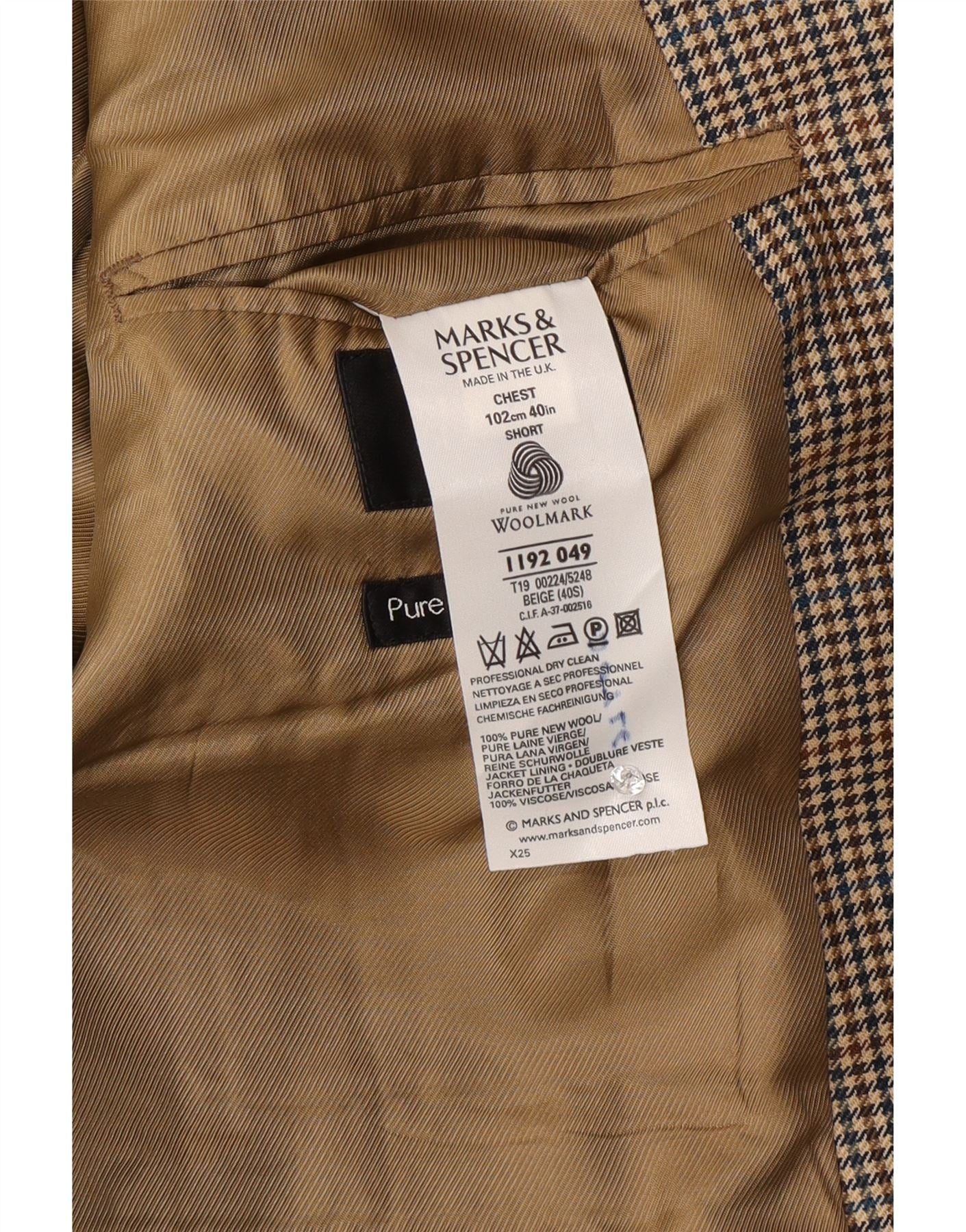 Marks & Spencer Mens 2 Button Blazer Jacket UK 40 Medium Beige Check Wool - Image 3
