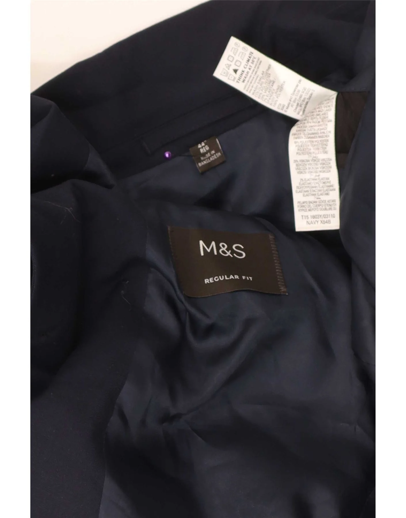 Marks & Spencer Mens 2 Button Regular Fit Blazer Jacket UK 44 XL Navy Blue - Image 3