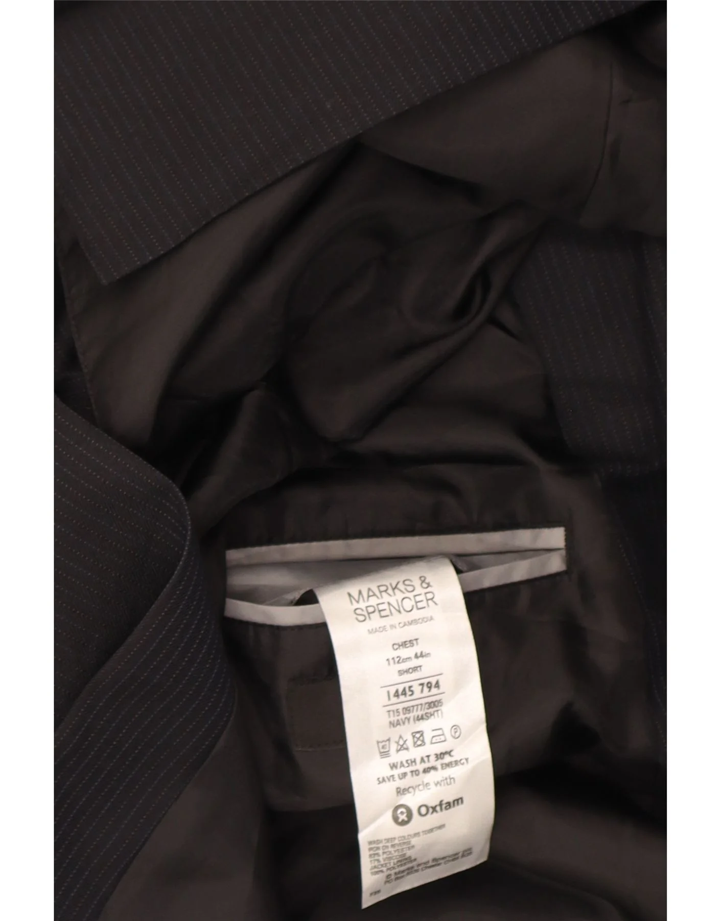 Marks & Spencer Mens 3 Button Blazer Jacket UK 44 XL Navy Blue Pinstripe - Image 4