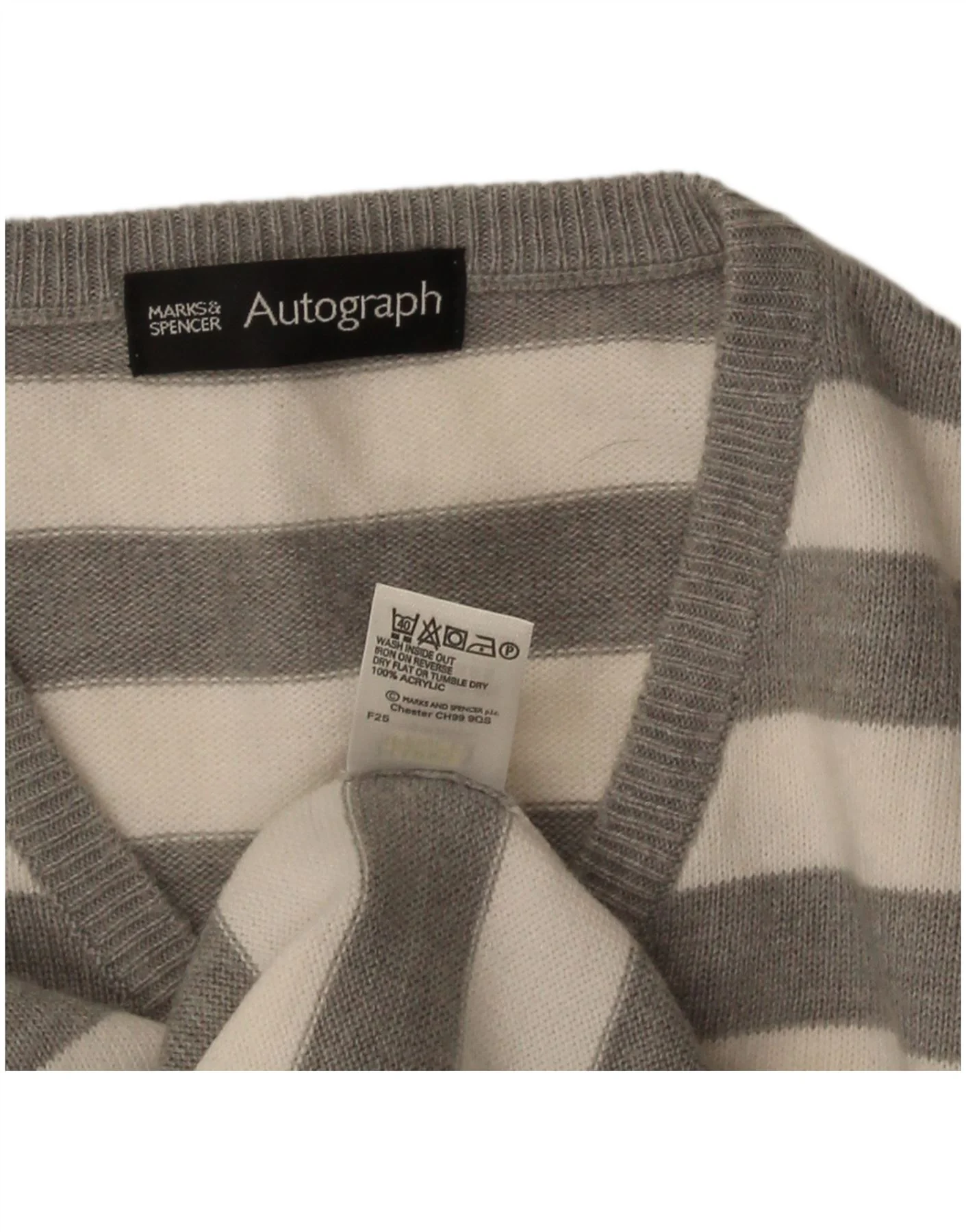 Marks & Spencer Mens Autograph V-Neck Jumper Sweater Medium Grey Striped - Image 3