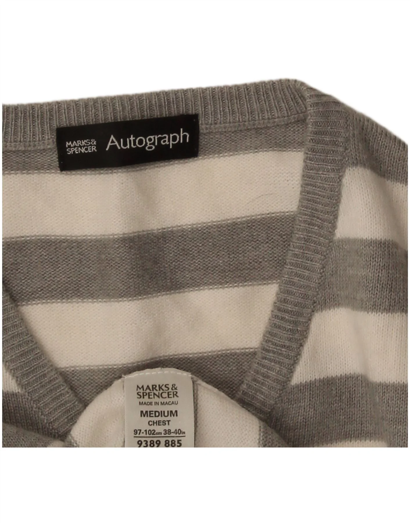 Marks & Spencer Mens Autograph V-Neck Jumper Sweater Medium Grey Striped - Image 4