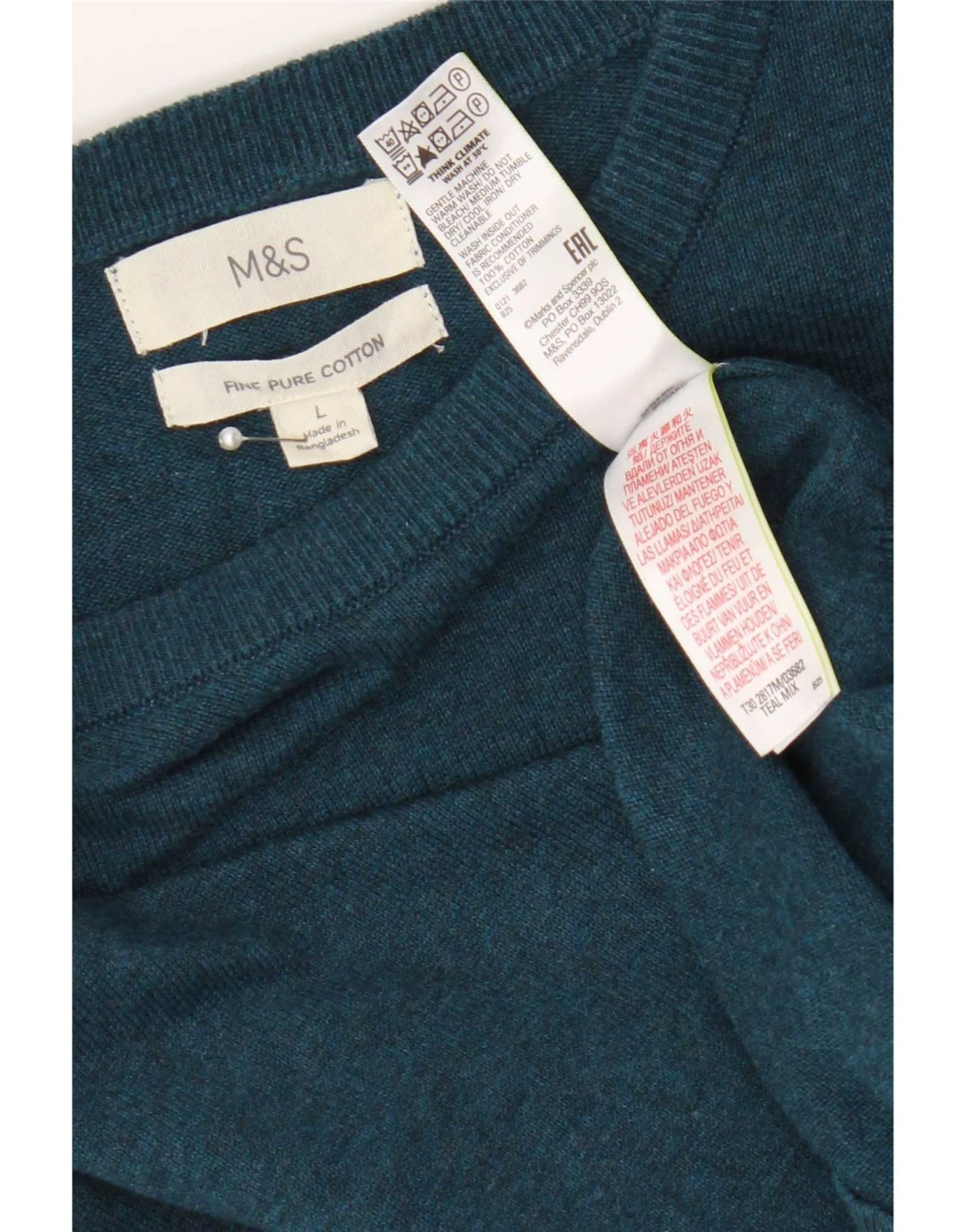Marks & Spencer Mens Crew Neck Jumper Sweater Large Turquoise Cotton - Image 3