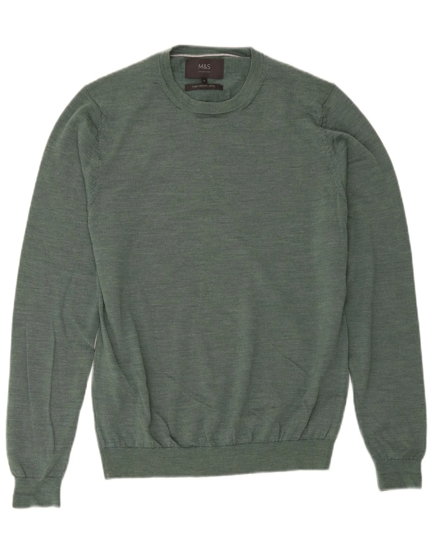 Marks & Spencer Mens Crew Neck Jumper Sweater Medium Green Merino Wool