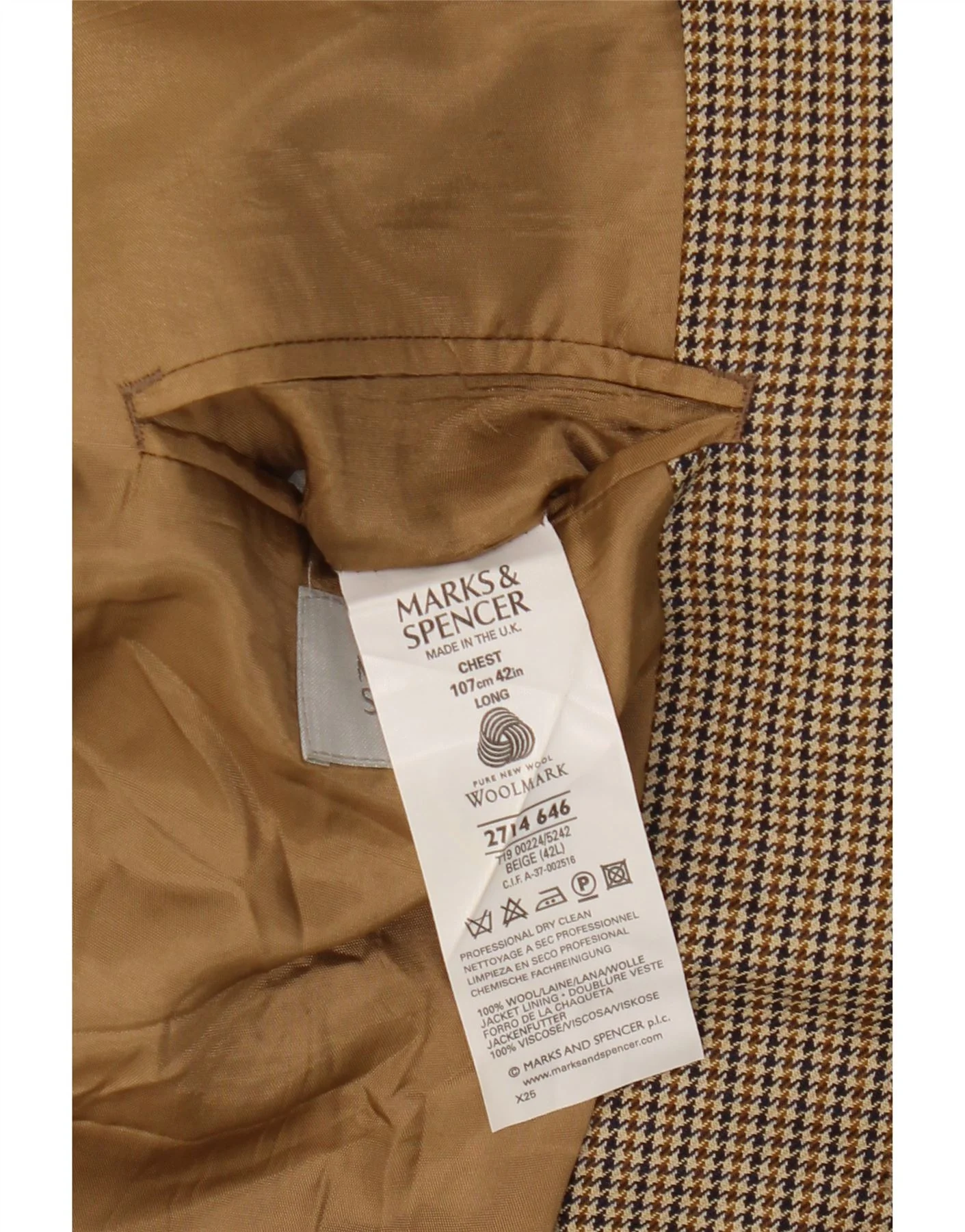 Marks & Spencer Mens Longline Blazer Jacket UK 42 Large Beige Houndstooth - Image 3