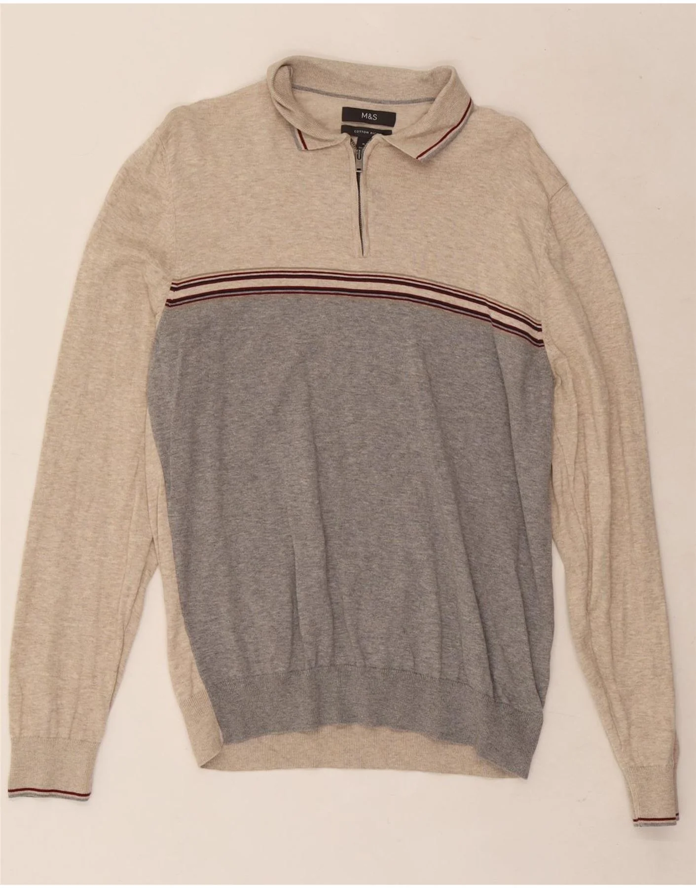Marks & Spencer Mens Polo Neck Jumper Sweater Medium Beige Colourblock