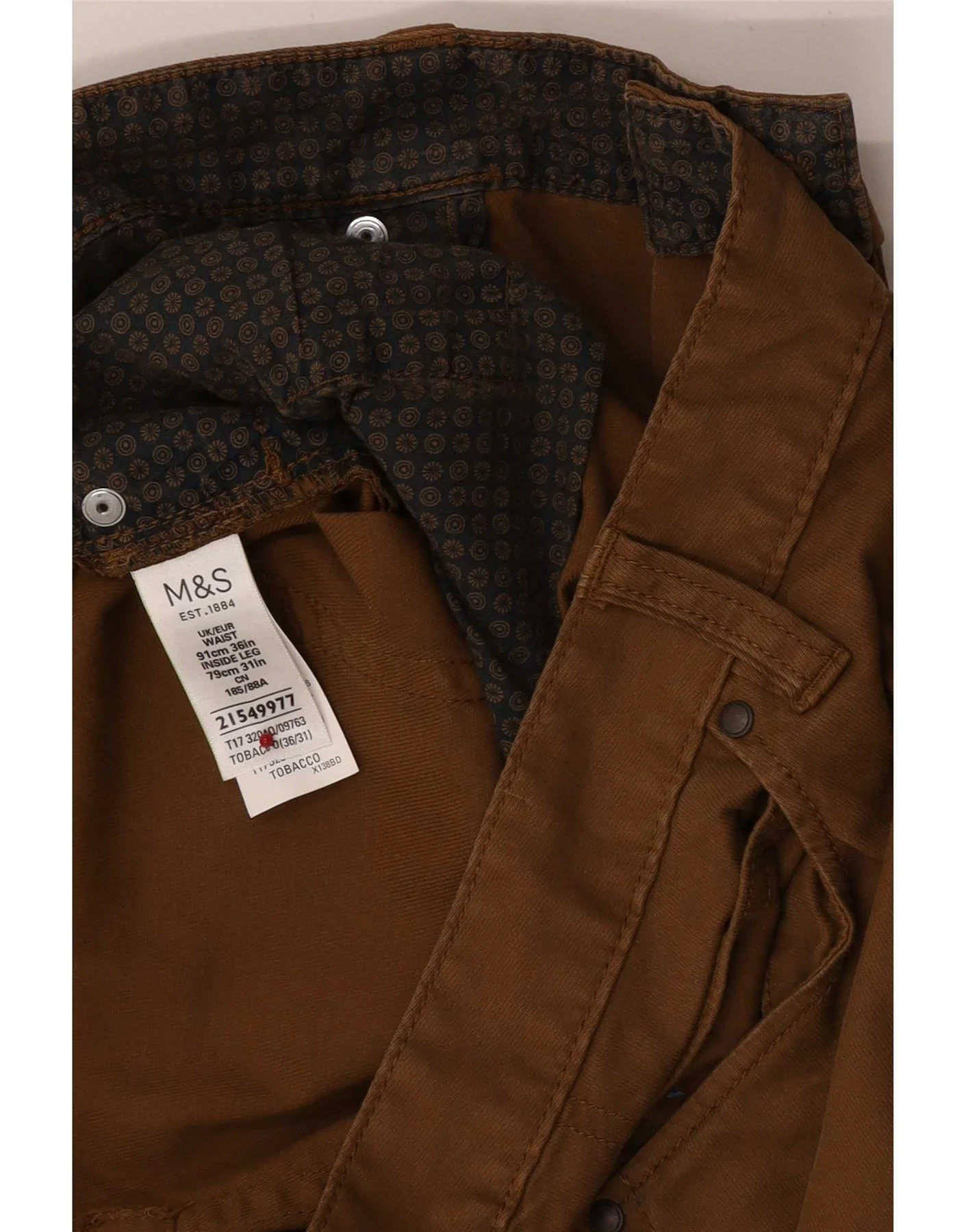 Marks & Spencer Mens Regular Casual Trousers W36 L31 Brown Cotton - Image 3