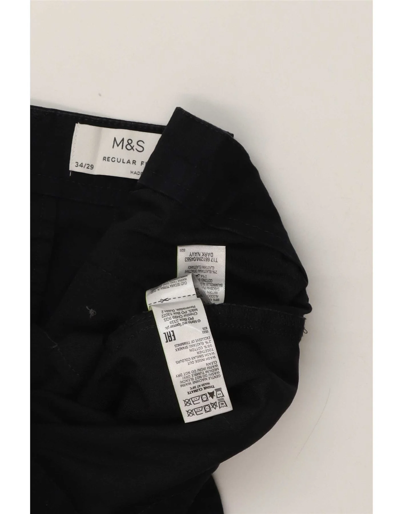 Marks & Spencer Mens Regular Fit Chino Trousers W34 L29 Navy Blue Cotton - Image 3