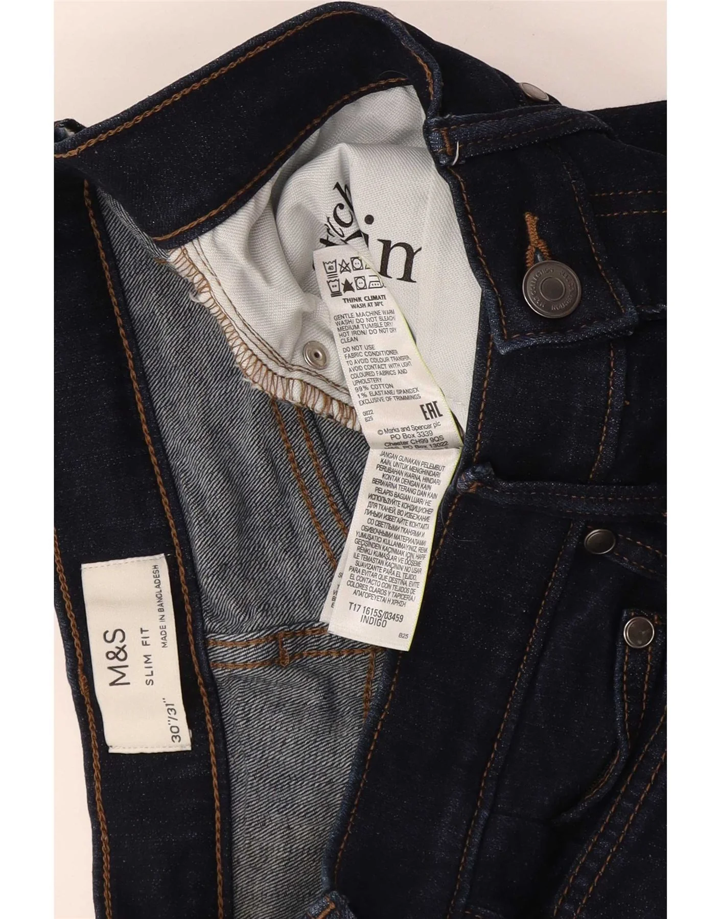 Marks & Spencer Mens Slim Jeans W30 L31 Navy Blue Cotton - Image 3
