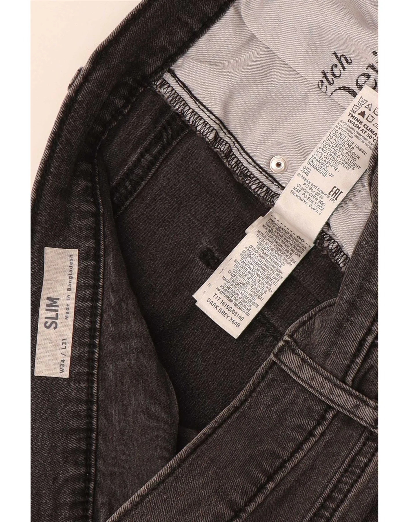 Marks & Spencer Mens Slim Jeans W34 L31 Grey Cotton - Image 4