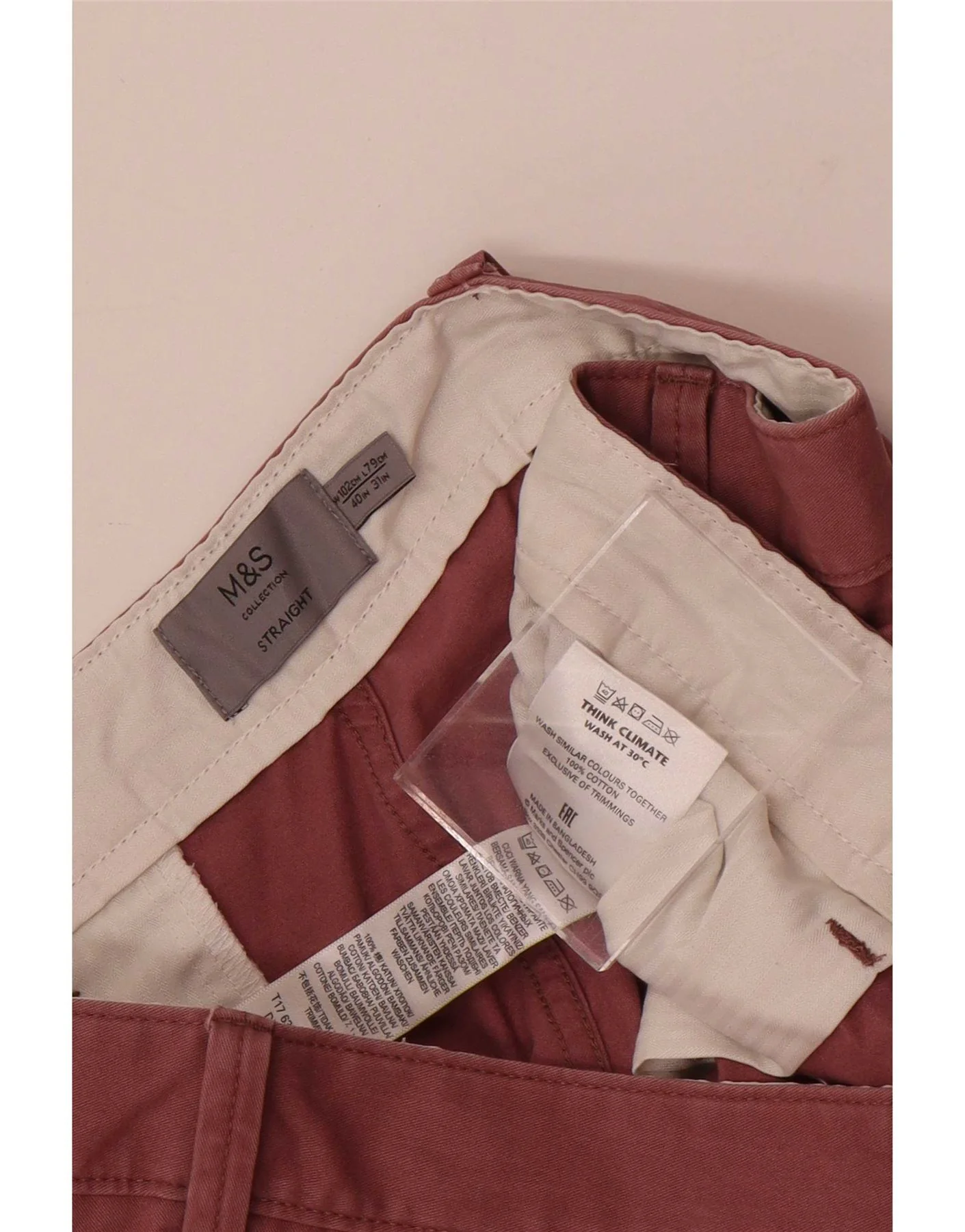 Marks & Spencer Mens Straight Chino Trousers W40 L31 Pink Cotton - Image 3