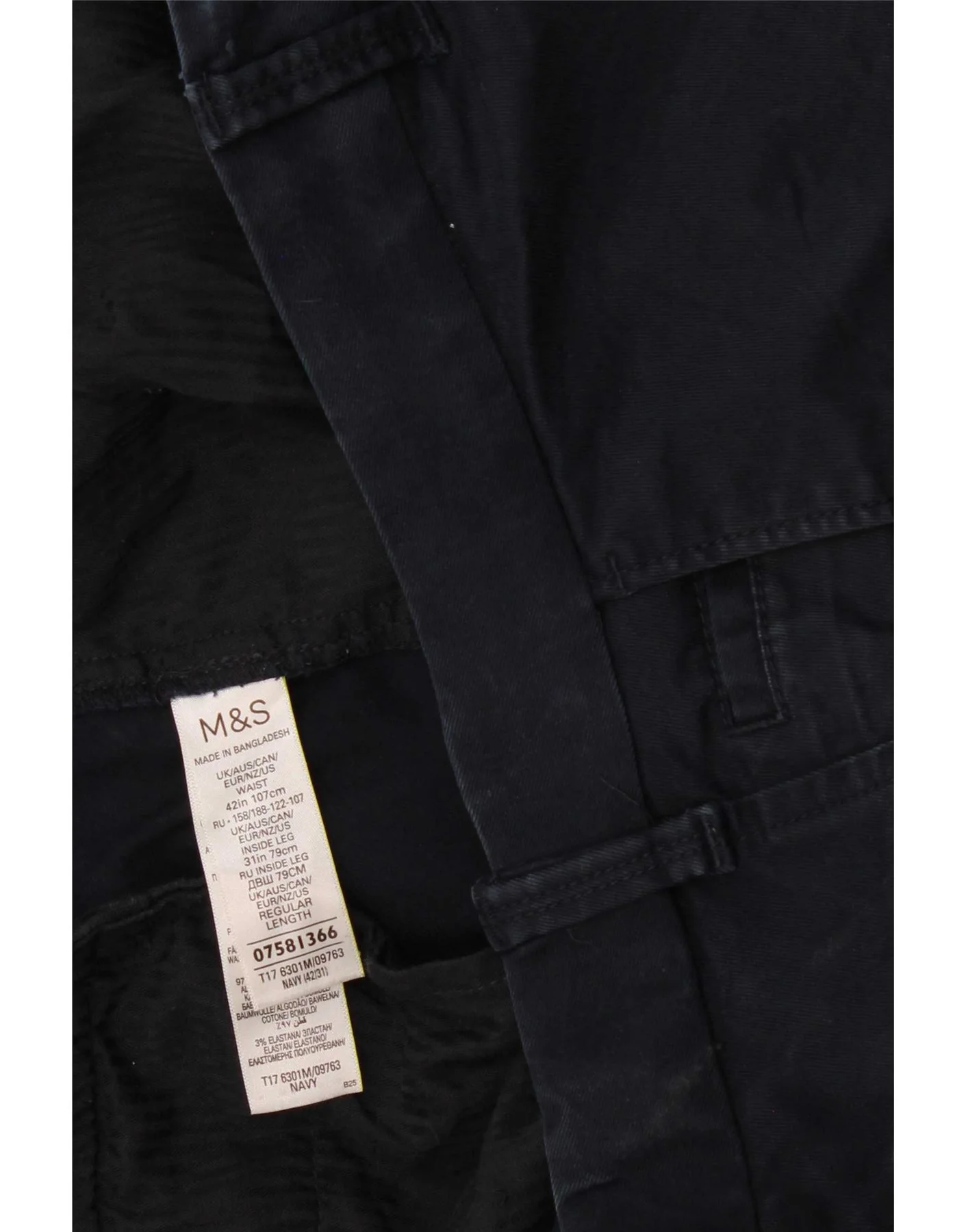Marks & Spencer Mens Straight Chino Trousers W42 L31 Navy Blue Cotton - Image 3