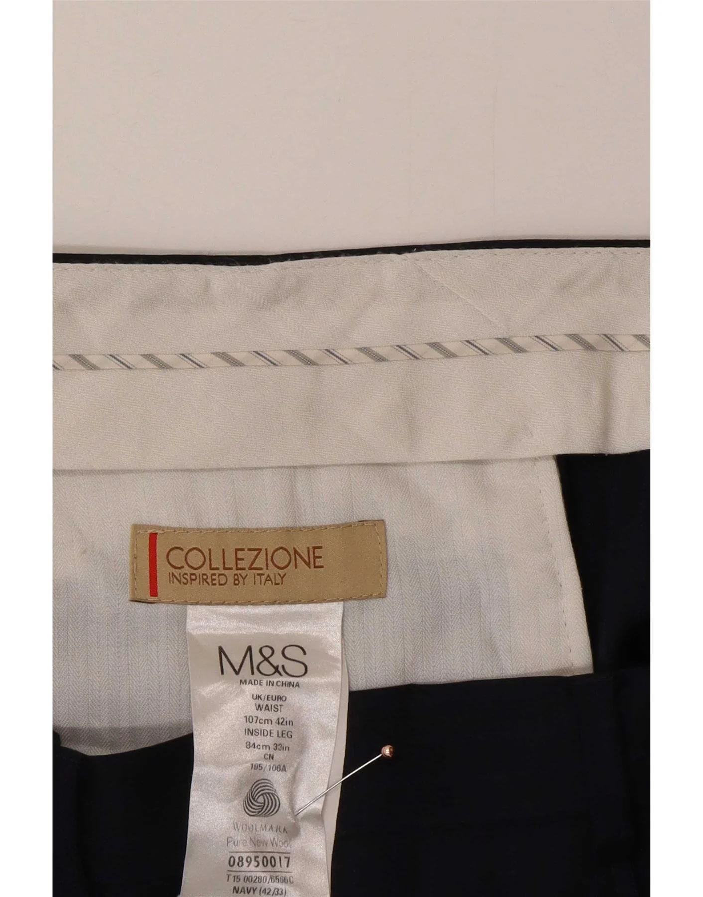 Marks & Spencer Mens Straight Suit Trousers W42 L33 Navy Blue Striped Wool - Image 4