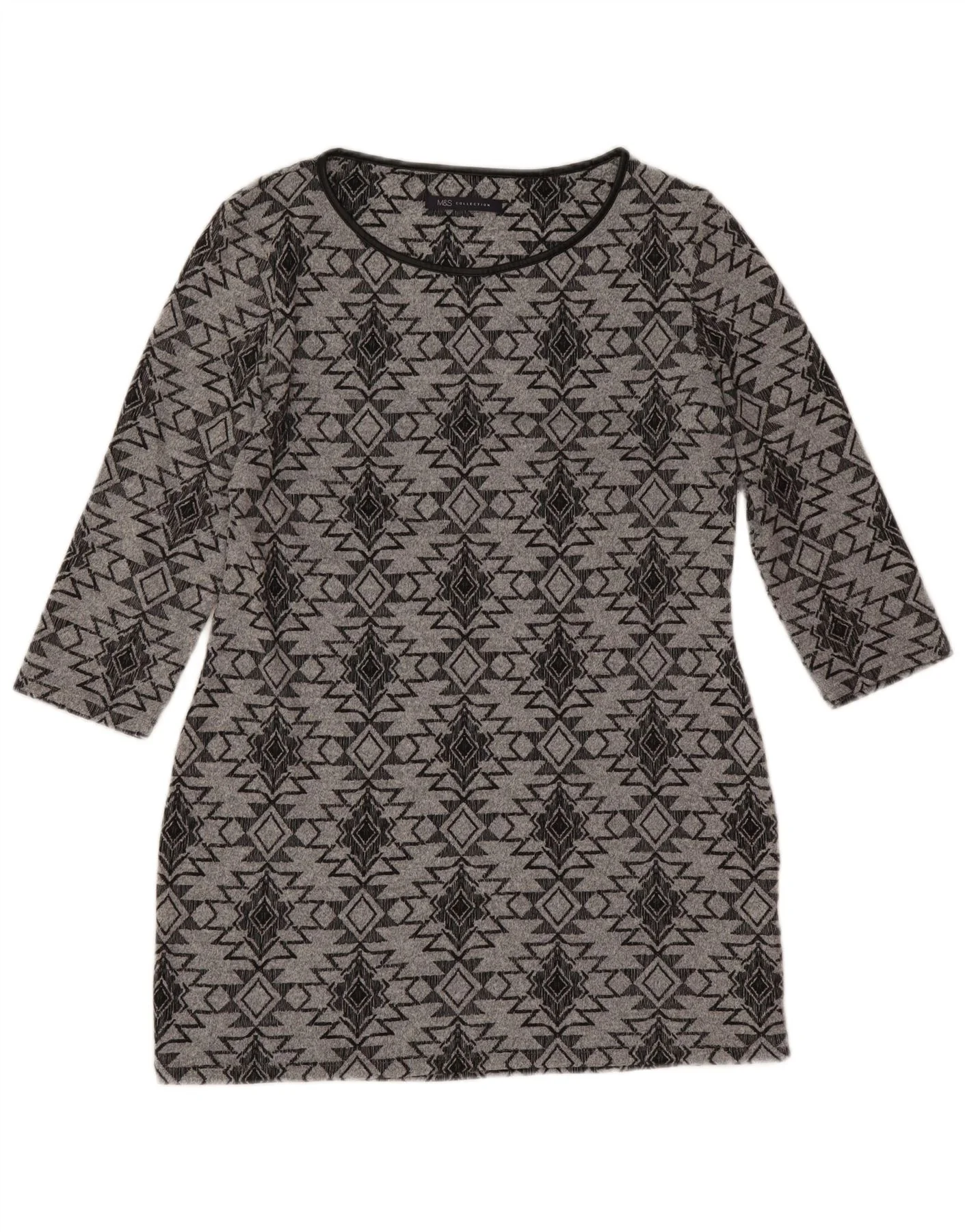 Marks & Spencer Womens 3/4 Sleeve Tunic Dress UK 12 Medium Grey Geometric