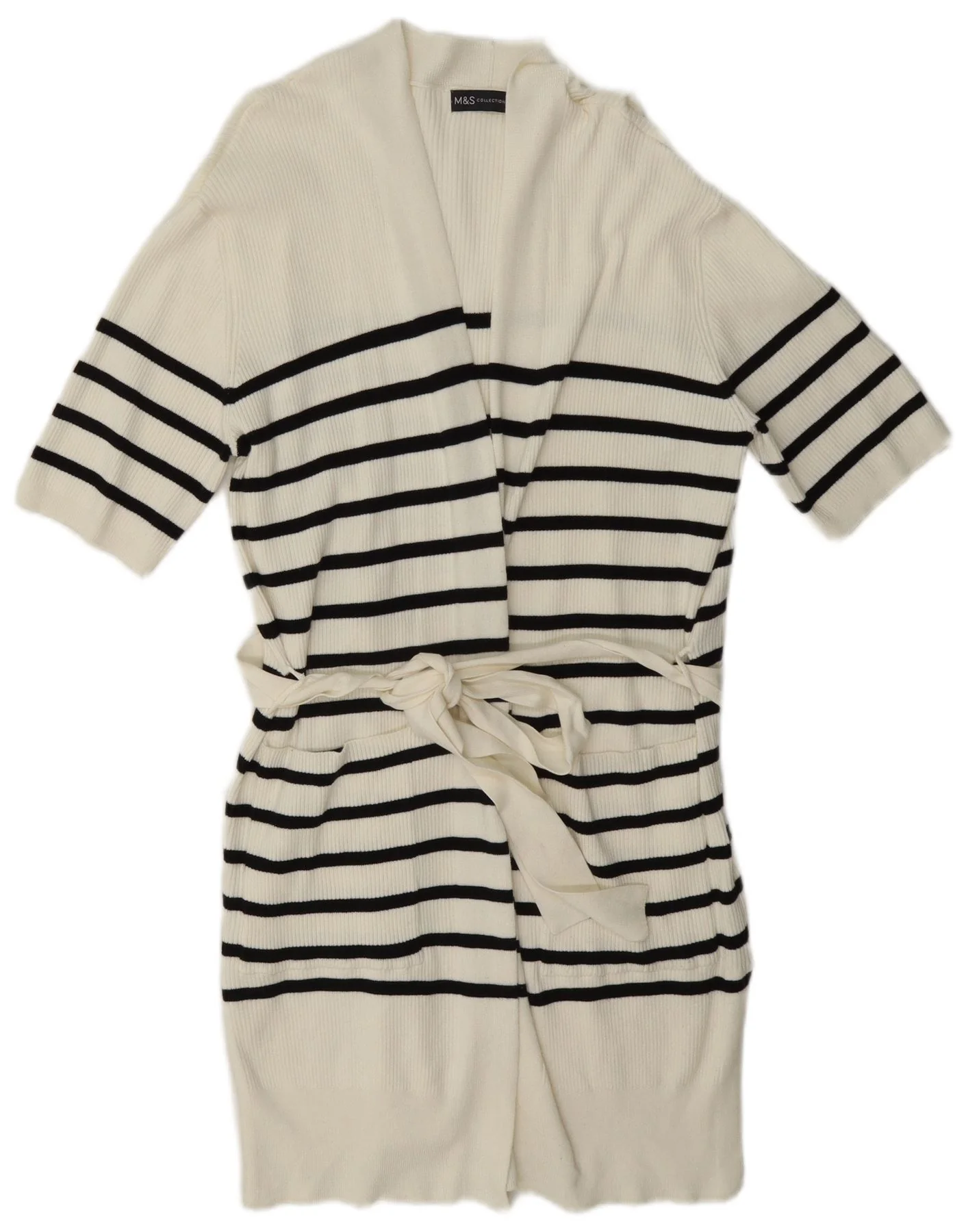 Marks & Spencer Womens Longline Cardigan Sweater UK 14 Medium White Striped