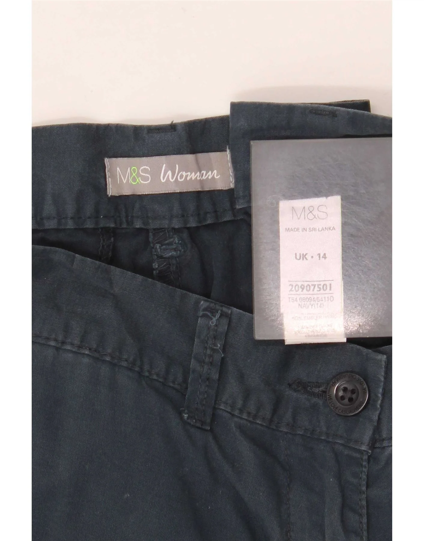 Marks & Spencer Womens Tapered Chino Trousers UK 14 Large W34 L28 Navy Blue - Image 5
