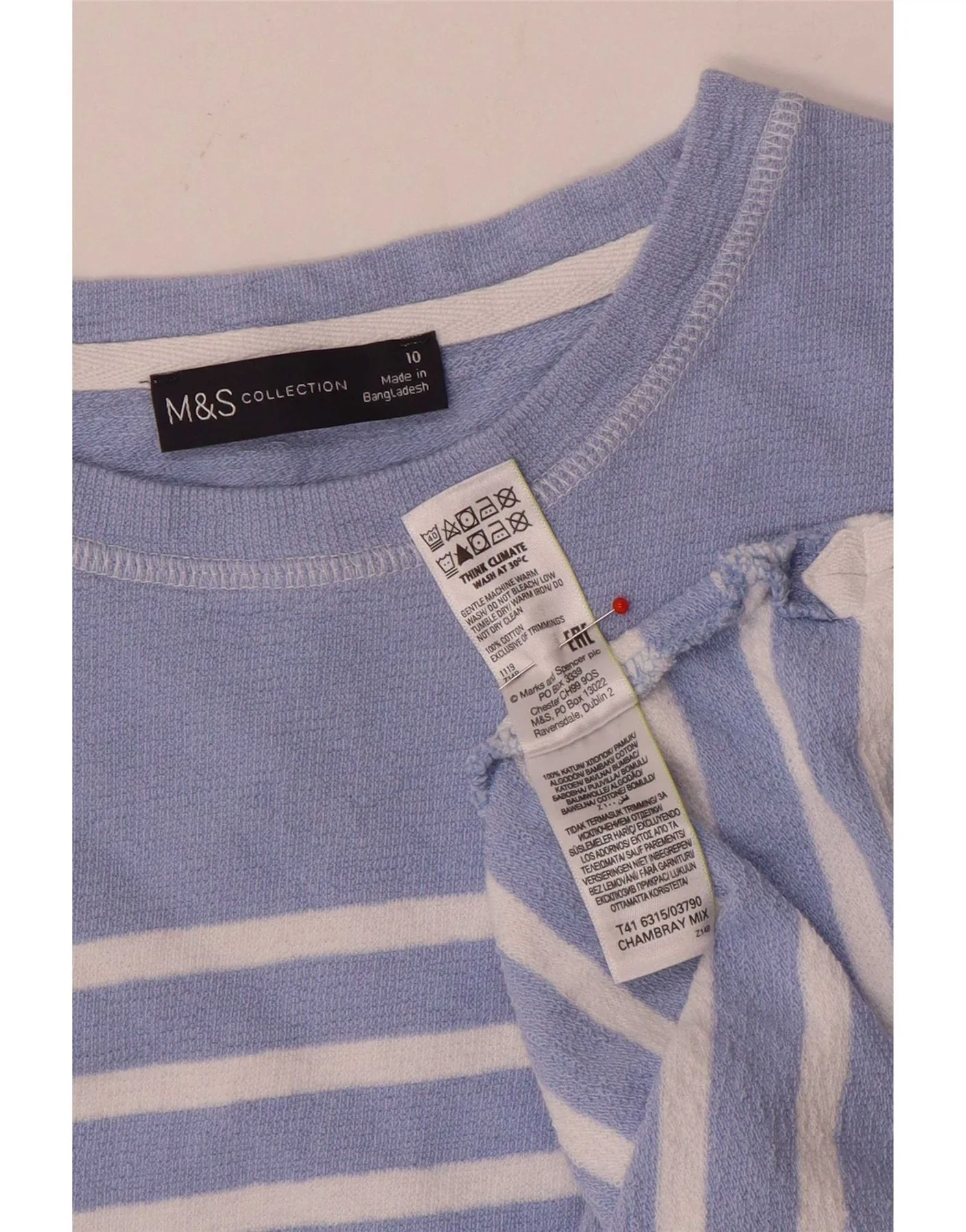 Marks & Spencer Womens Top Long Sleeve UK 10 Small Blue Striped Cotton - Image 4
