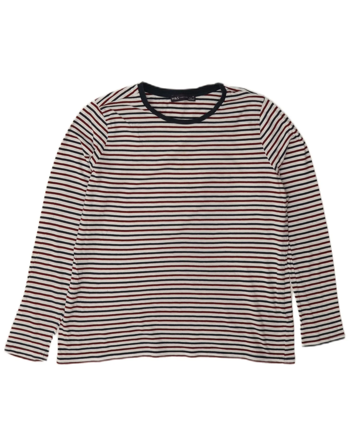 Marks & Spencer Womens Top Long Sleeve UK 14 Large White Striped Cotton