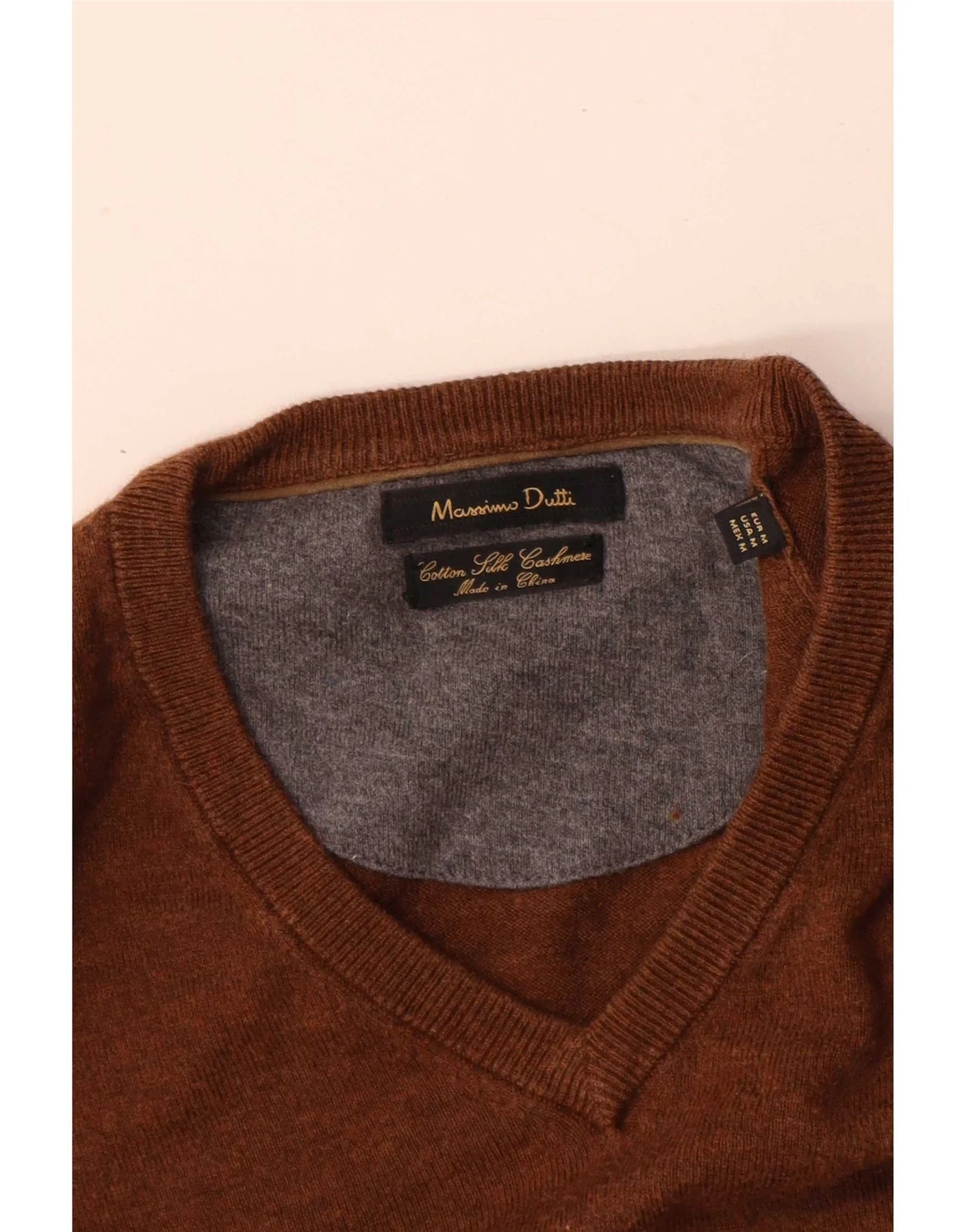 Massimo Dutti Mens V-Neck Jumper Sweater Medium Brown Cotton - Image 3