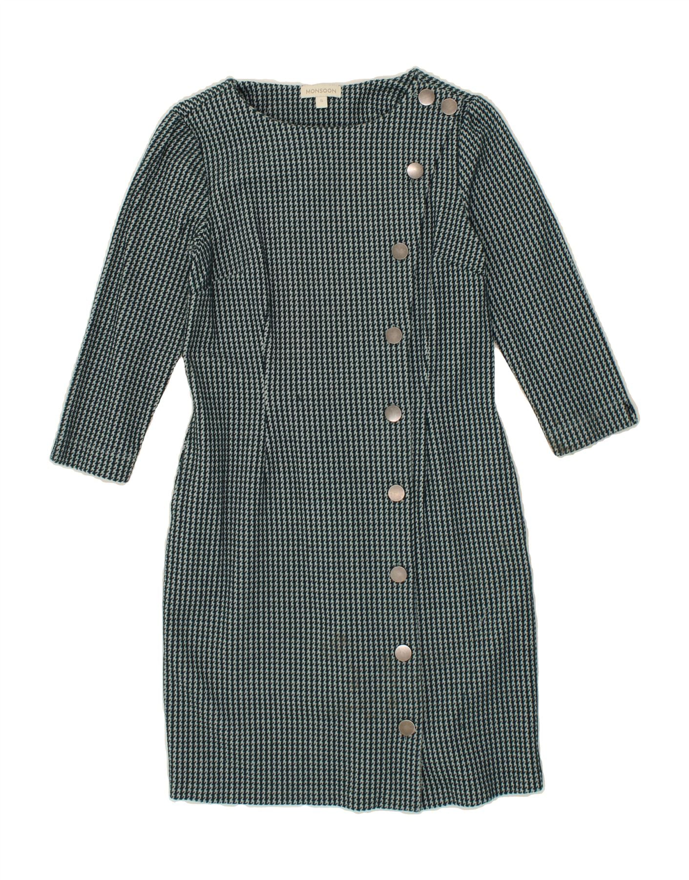 MONSOON Womens 3/4 Sleeve Sheath Dress UK 10 Small Green Houndstooth