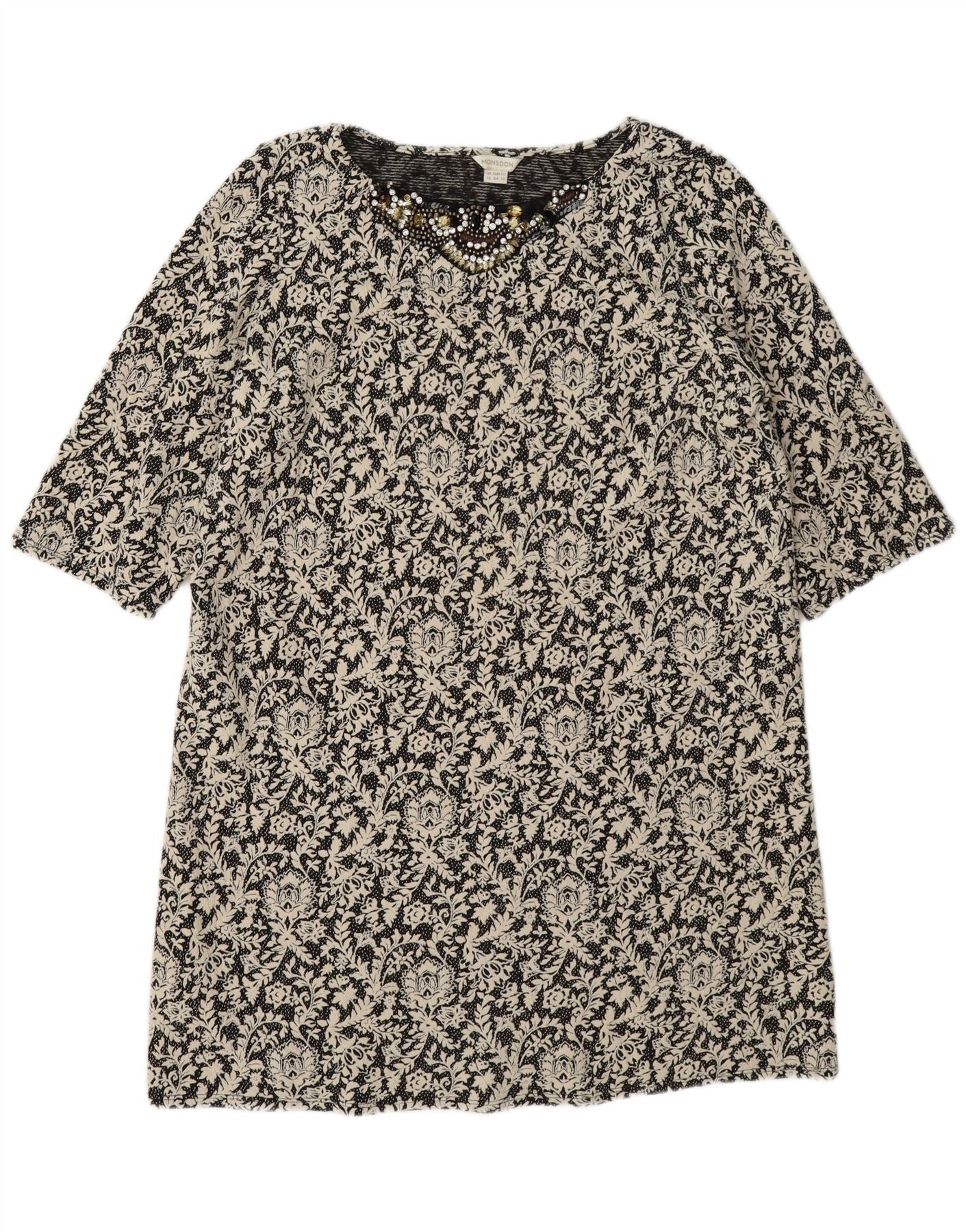 Monsoon Womens Shift Dress UK 16 Large Black Floral Cotton