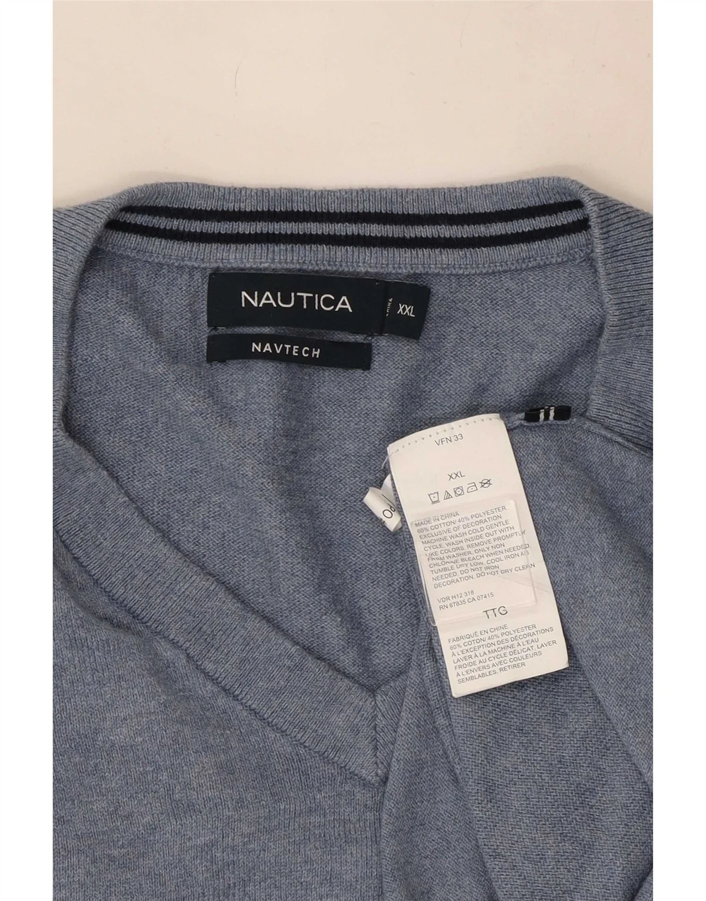 Nautica Mens V-Neck Jumper Sweater 2XL Blue Cotton - Image 3