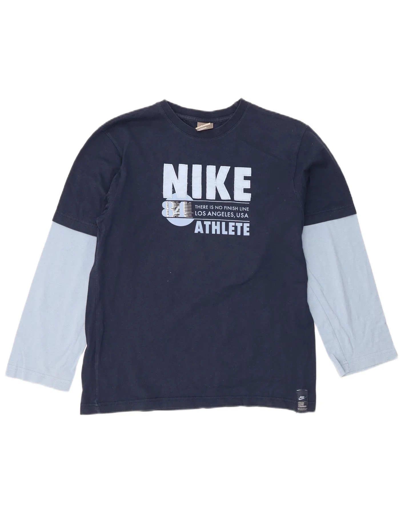 Nike Boys Graphic Top Long Sleeve 13-14 Years XL Navy Blue Colourblock
