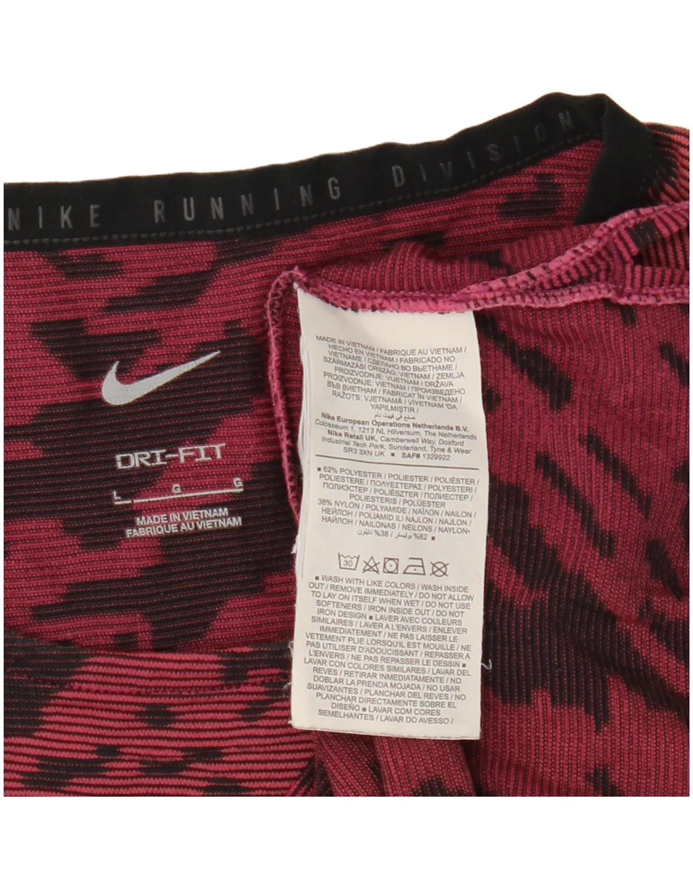 Nike Mens Dri Fit T-Shirt Top Large Burgundy Tie Dye Polyester - Image 3