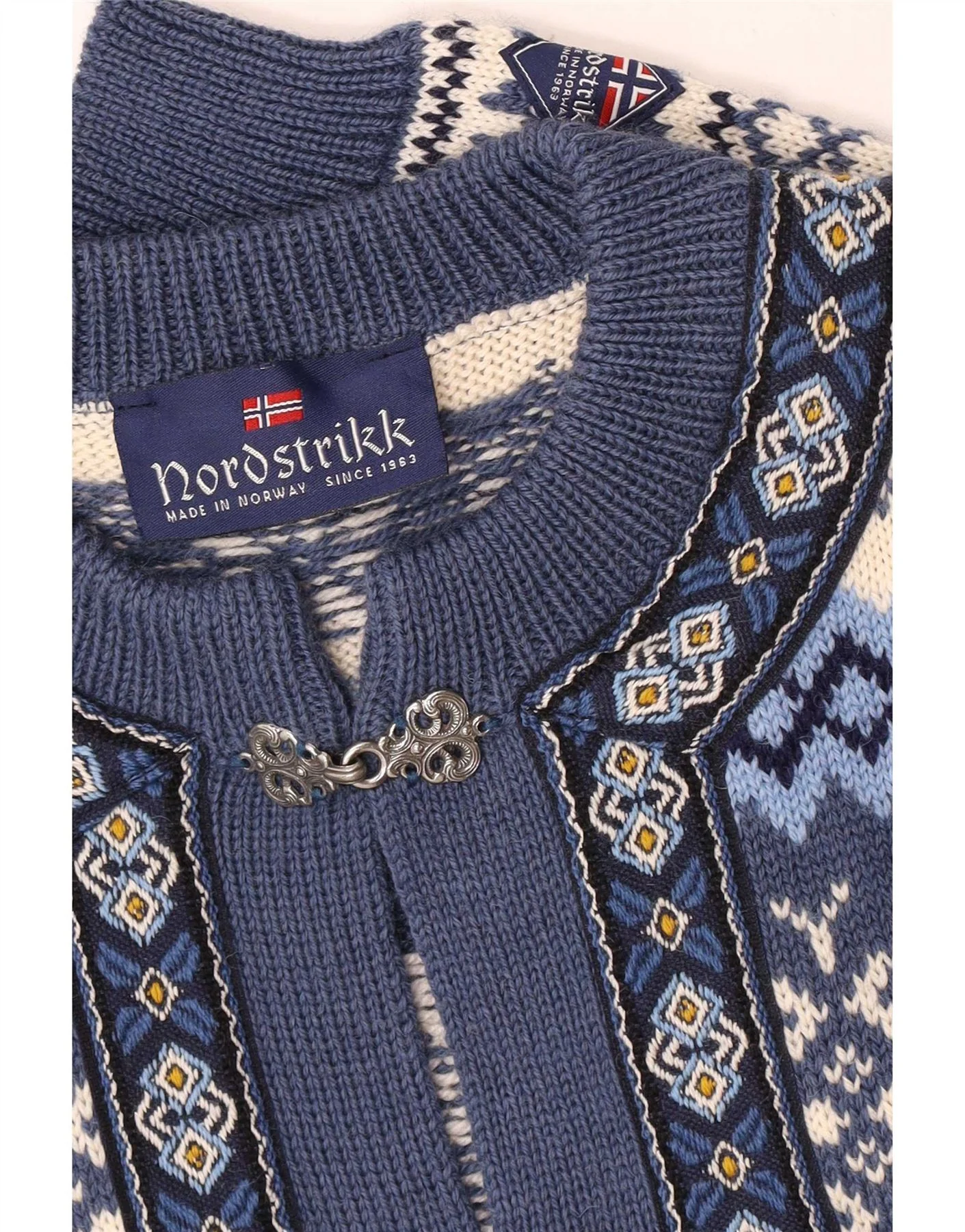 Nordstrikk Mens Cardigan Sweater XL Blue Fair Isle Virgin Wool - Image 3